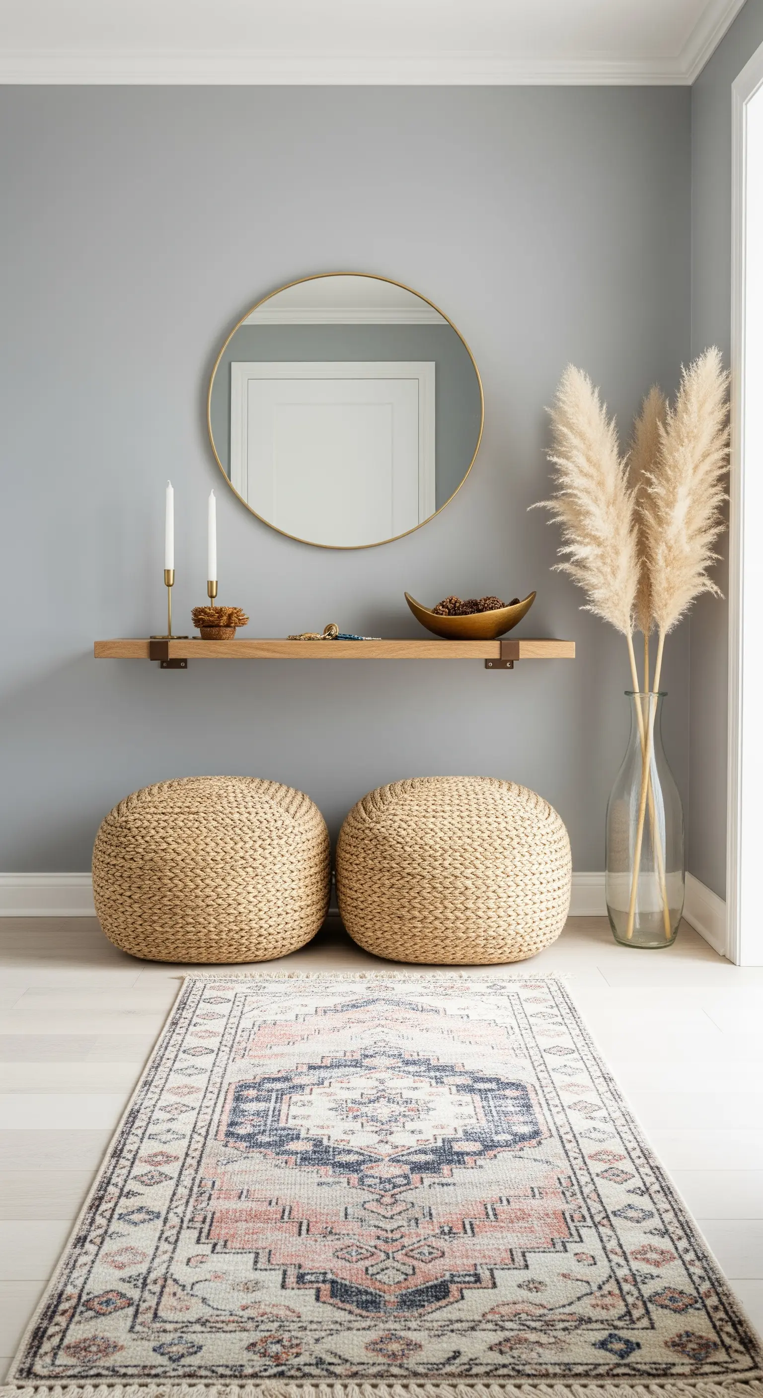 Minimalistischer Eingangsbereich mit schwebender Holzkonsole, rundem Spiegel und Pampasgras.