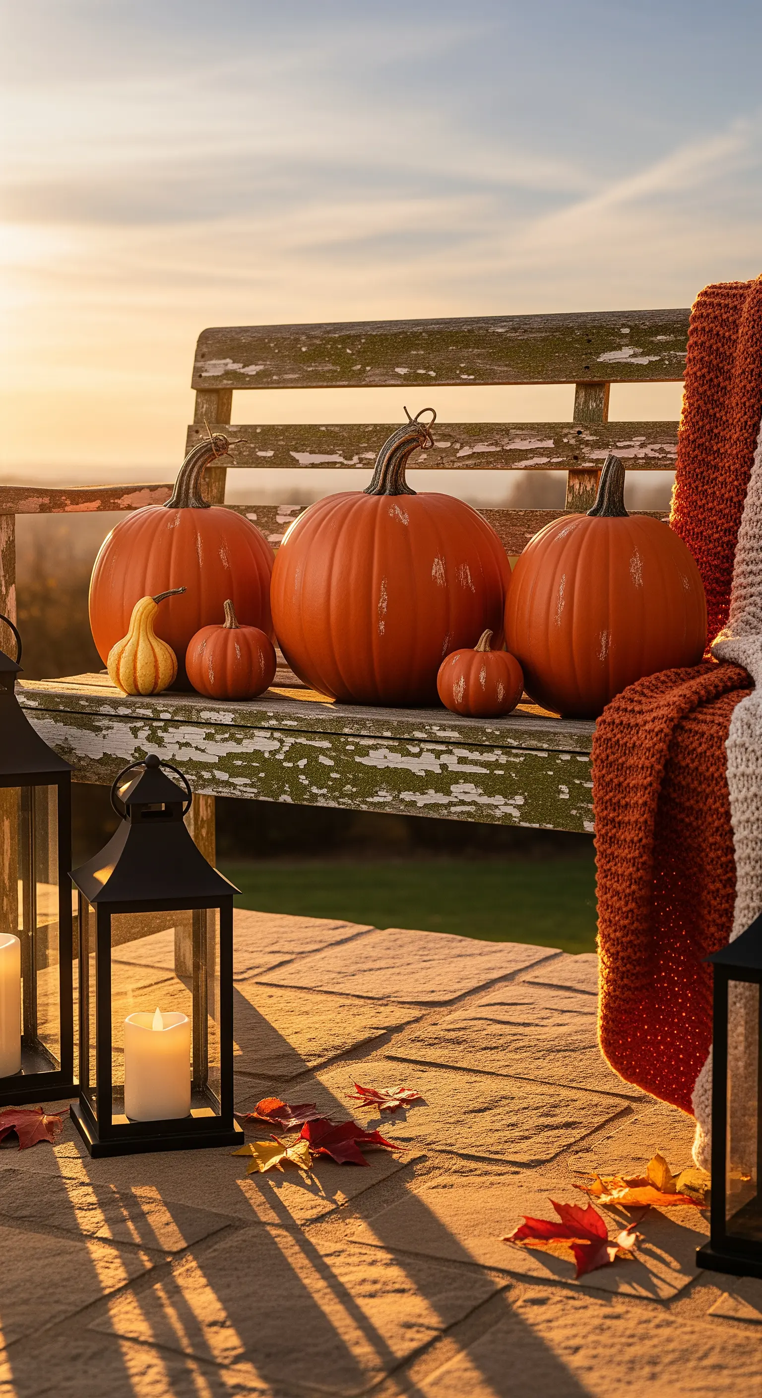 Outdoor-Bank mit orangefarbenen Kürbissen, Laternen und Decken bei Sonnenuntergang.