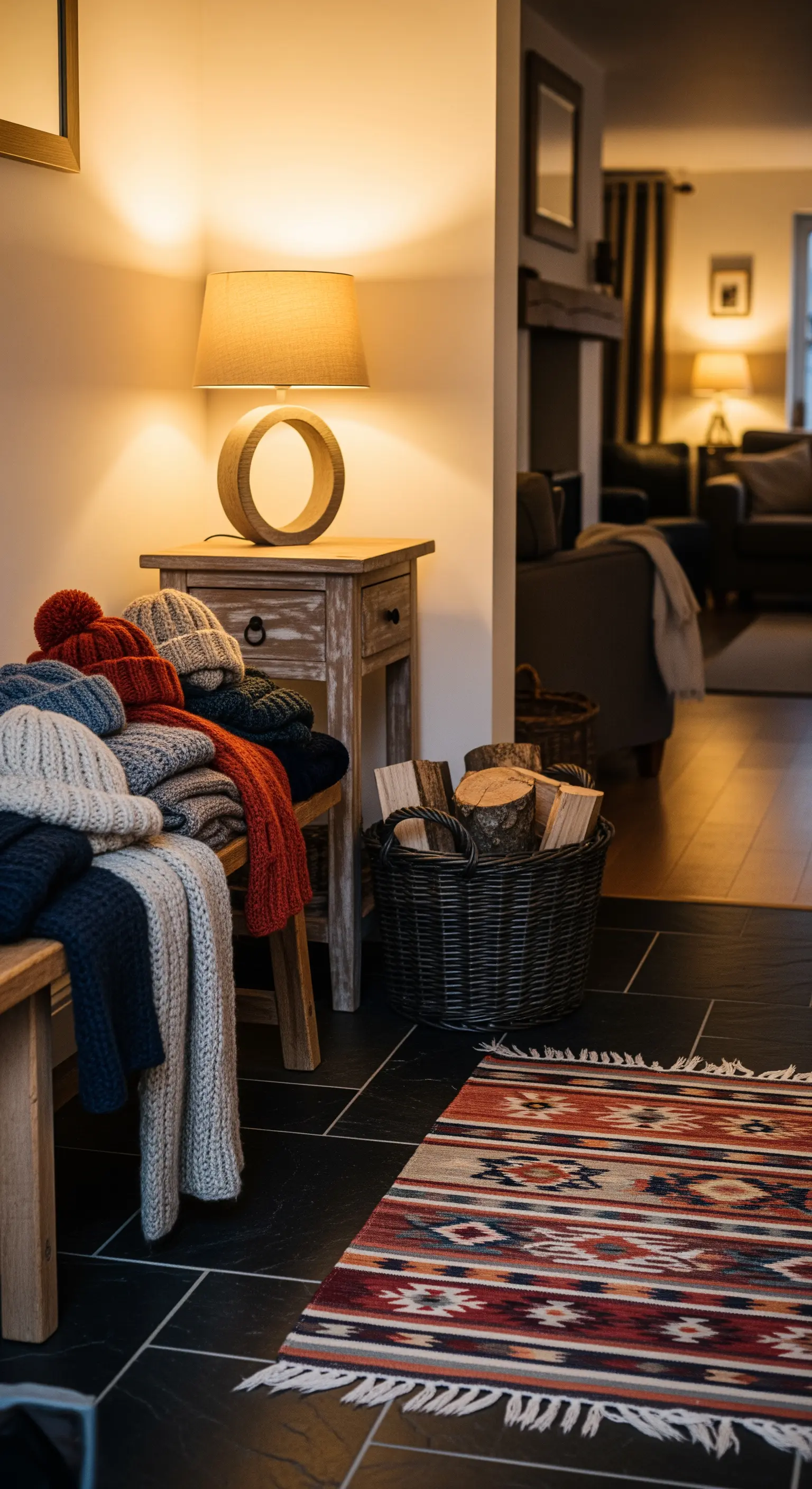 Rustikaler Flur mit Holzbank, Strickdecken, Korb mit Holzscheiten, Teppich und warmer Lampe.