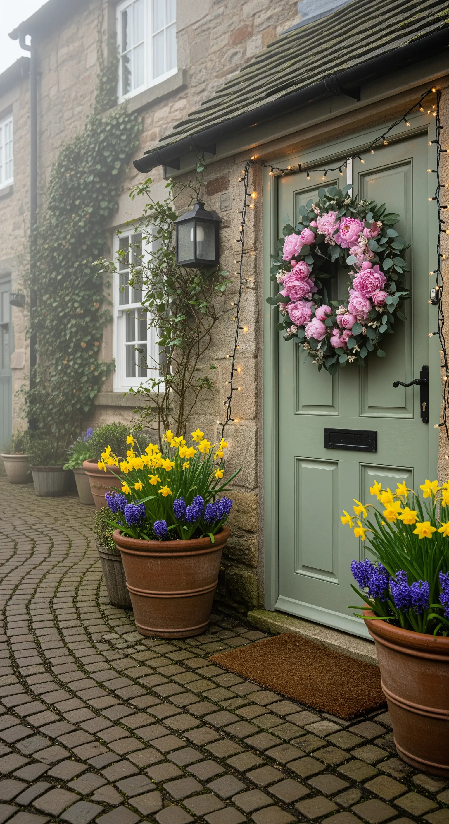Grüner Eingang, Pfingstrosenkranz, Osterglocken, Lichterkette, Pastell, Haus
