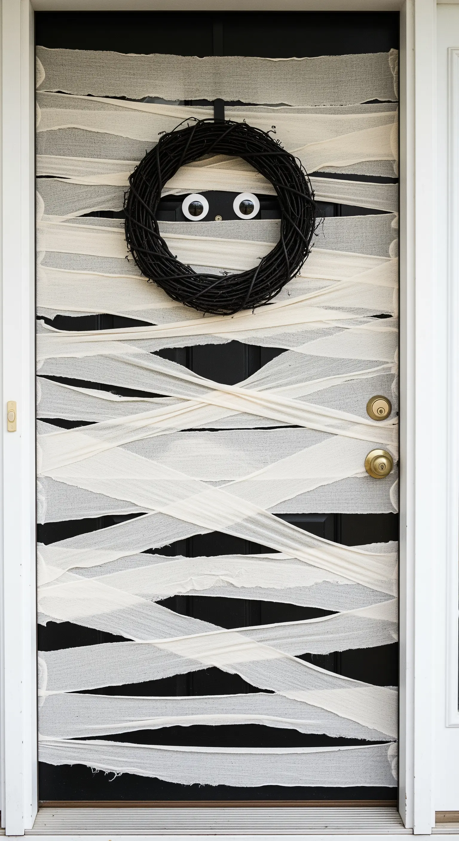 Haustür als Mumie dekoriert mit Mullbinden, einem Kranz und großen Wackelaugen.