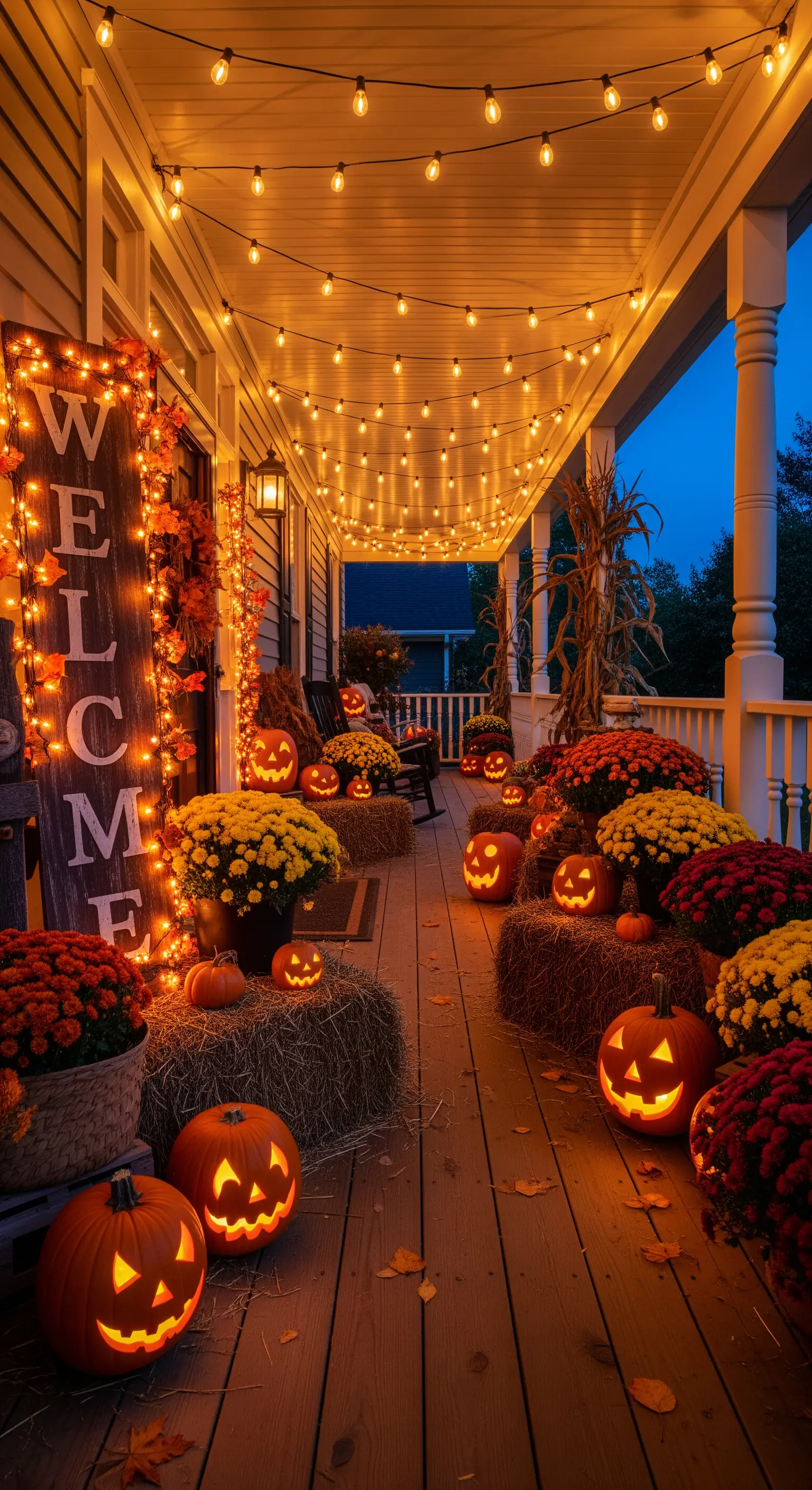 Halloween Veranda-Deko mit Lichterketten, leuchtenden Kürbissen, Heuballen und Herbstblumen