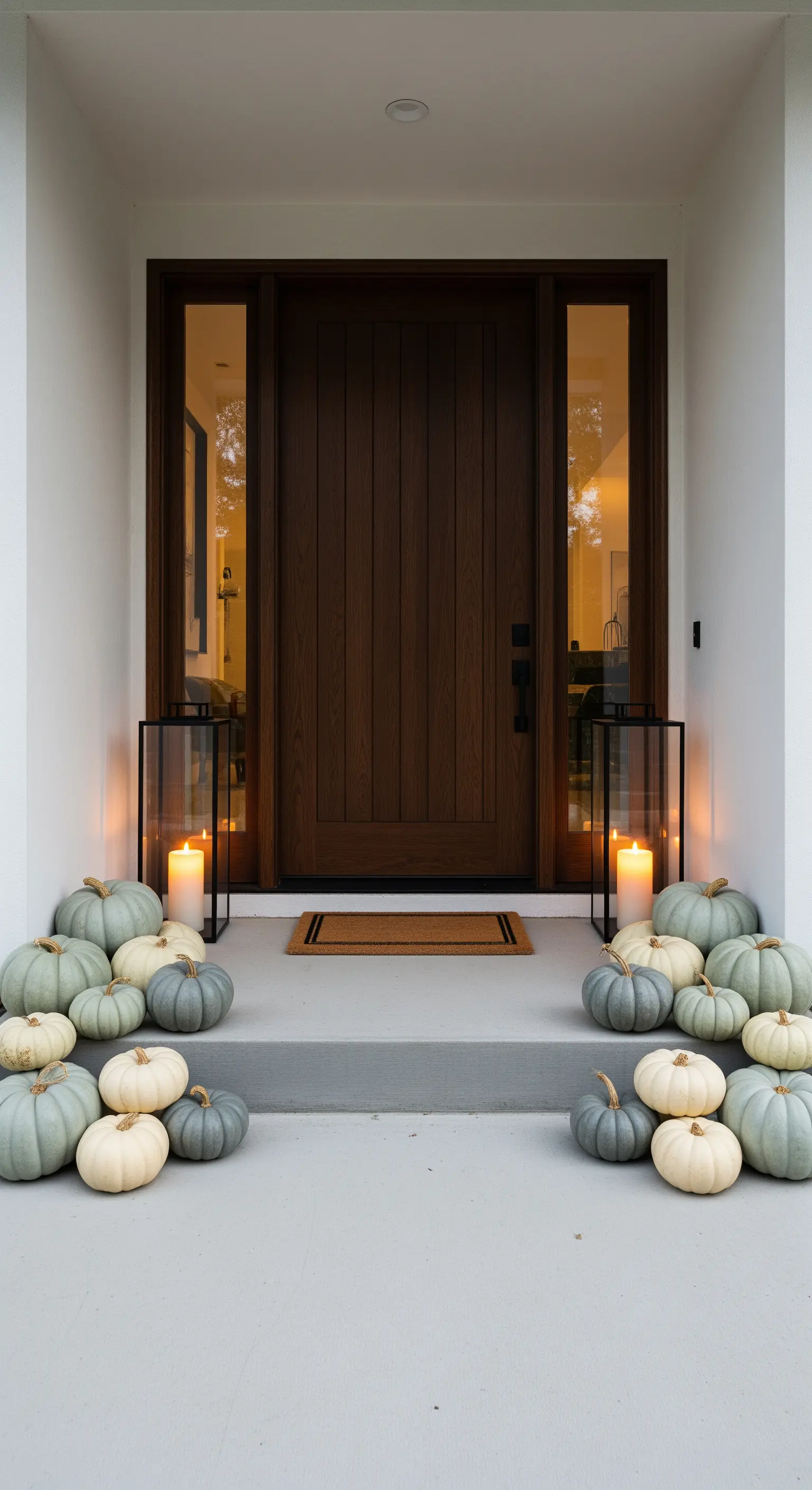Hauseingang mit gestuften Kürbissen in neutralen Farben und Laternen
