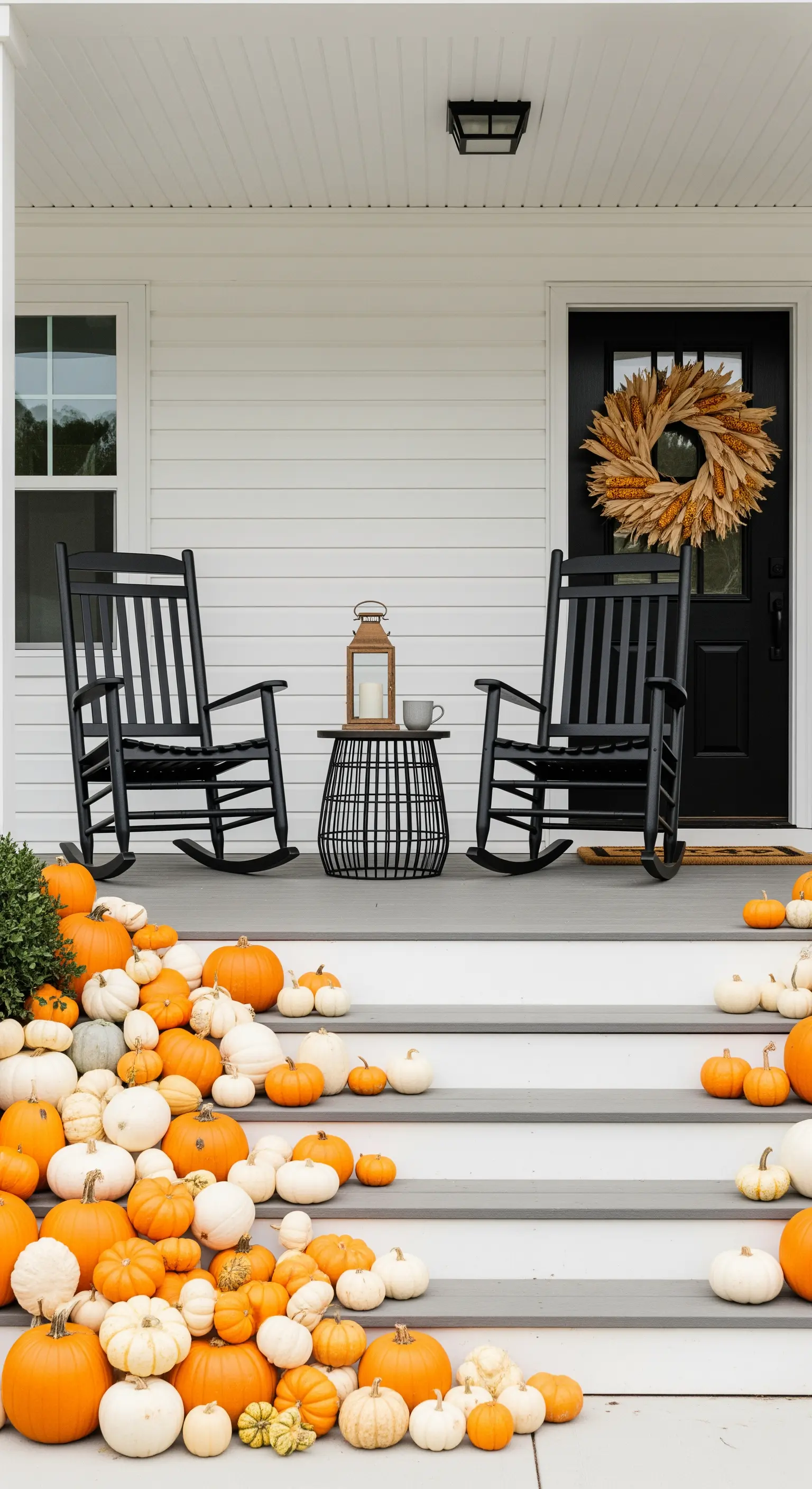 Veranda mit Kürbis-Dekoration, Schaukelstühlen und Maiskolbenkranz