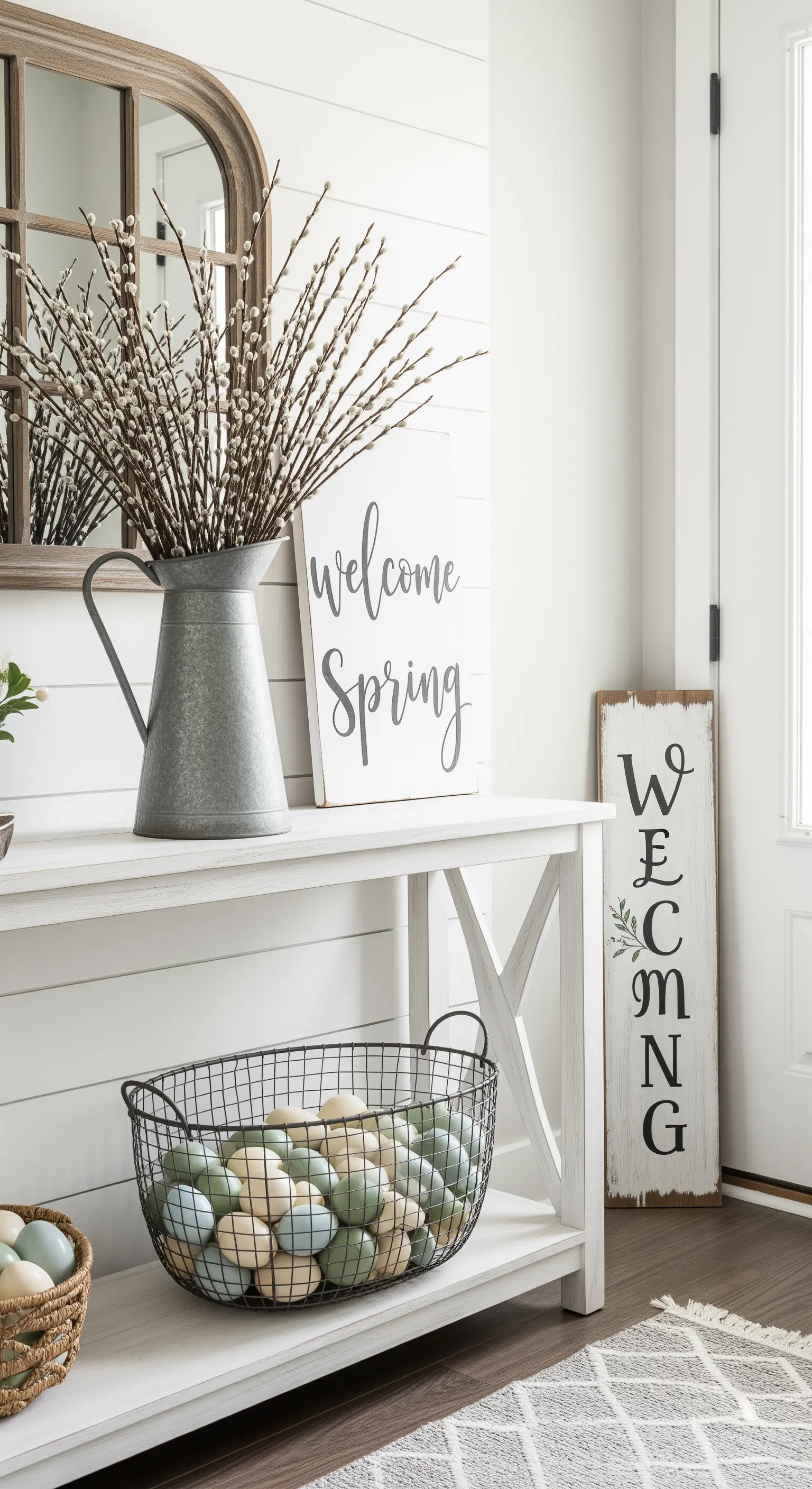 Osterdeko im Landhausstil für den Eingangsbereich mit Weidenkätzchen und Drahtkorb.