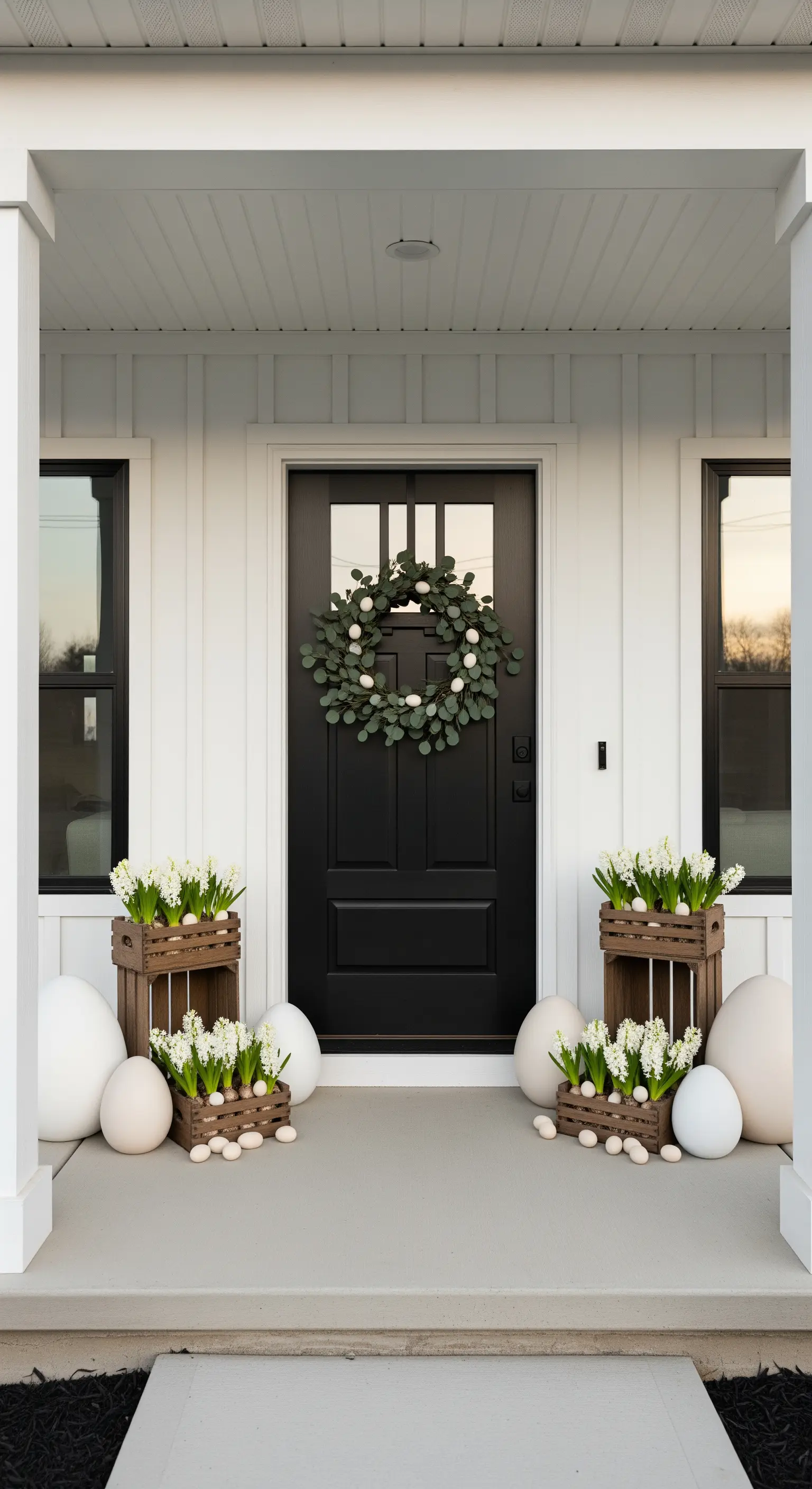 Ostertürdeko mit Eukalyptus-Kranz, Hyazinthen in Holzkisten und großen Eiern