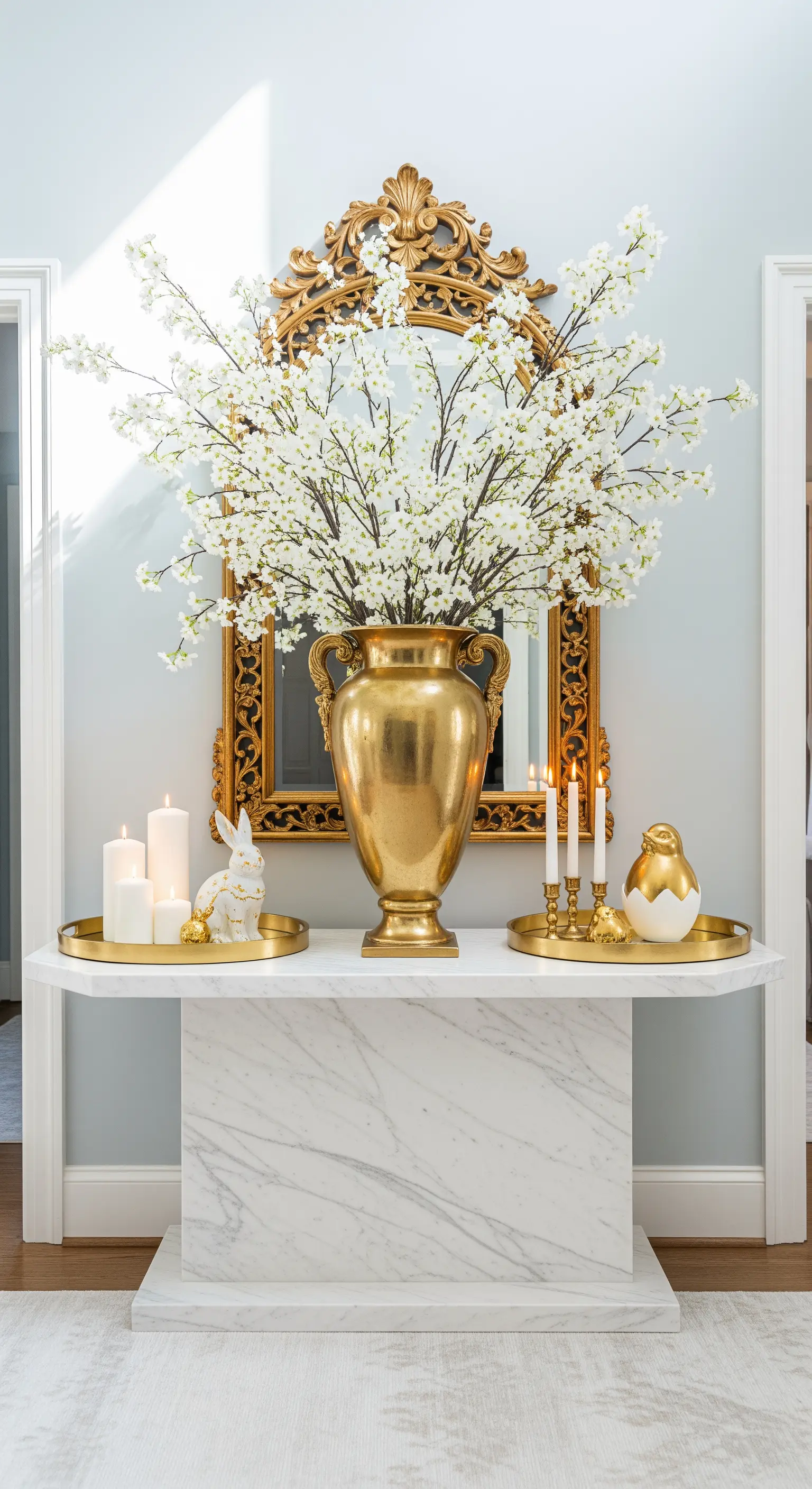 Oster-Eingangsbereich mit Marmortisch, Goldspiegel und Kirschblüten