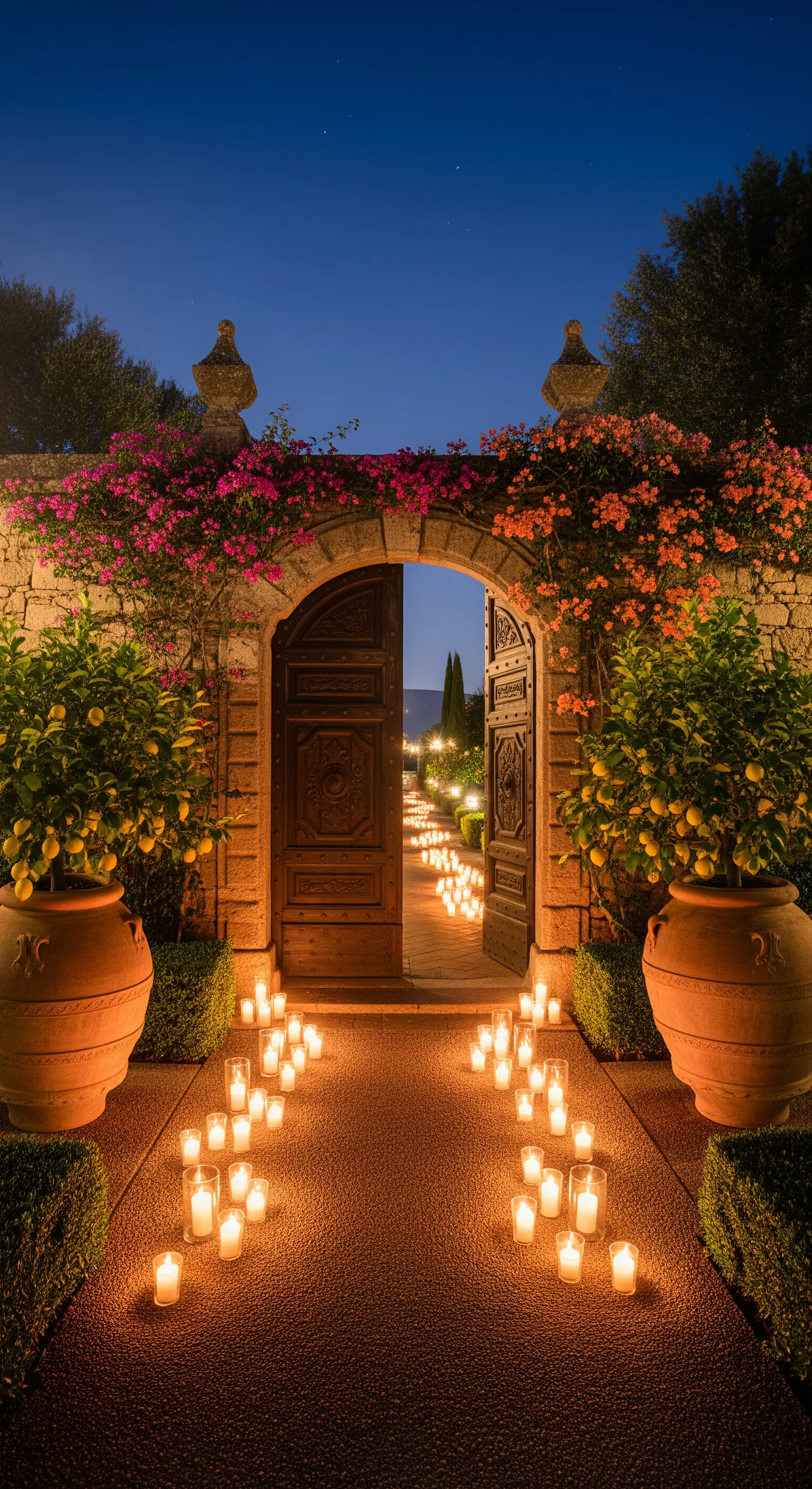 Torbogen mit Bougainvillea und Zitronenbäumen, führt zu einem Kerzenlicht-Weg