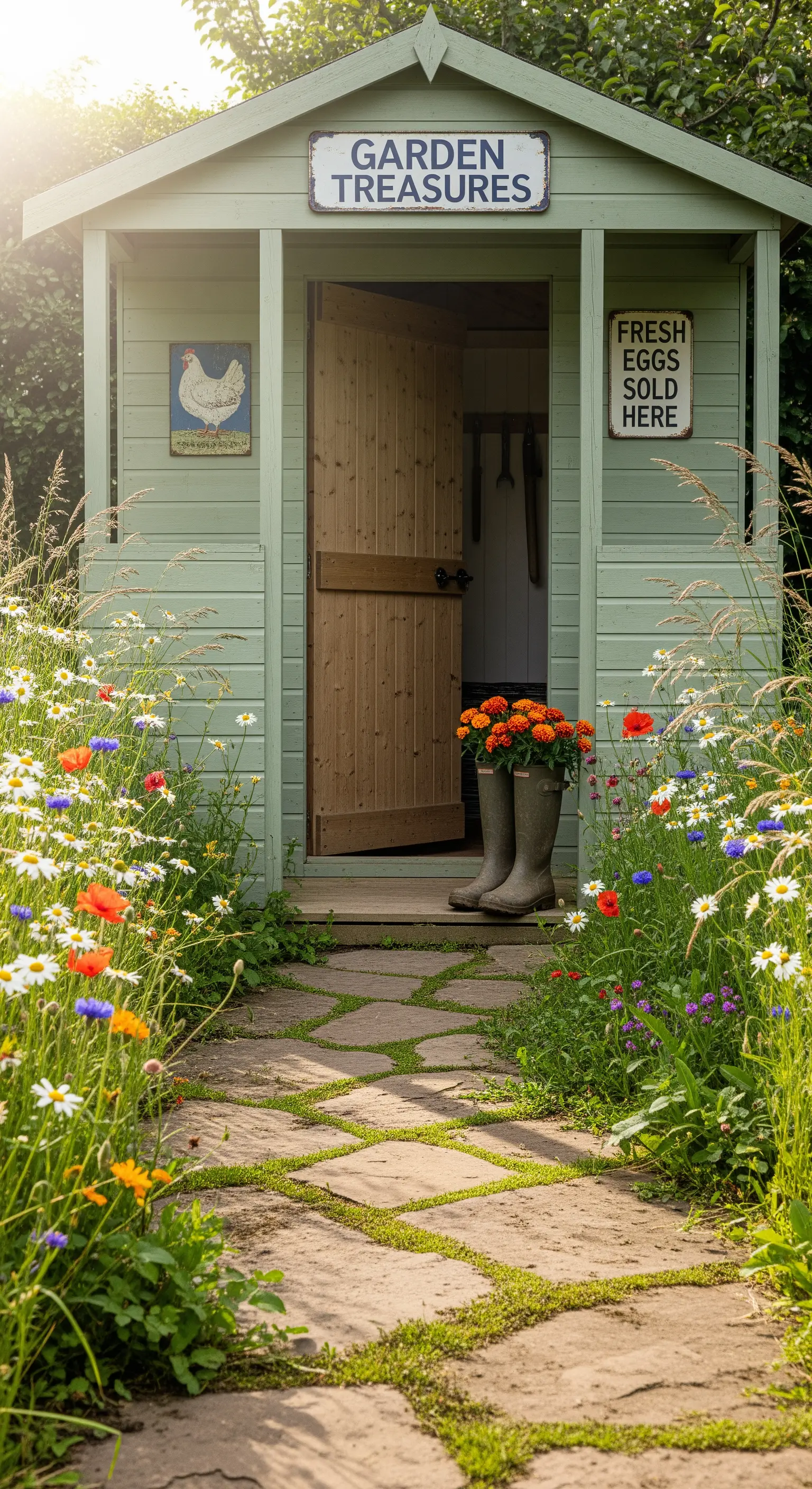 Gartenhaus-Eingang mit Gummistiefeln voller Blumen, umgeben von Wildblumen und rustikalen Schildern.