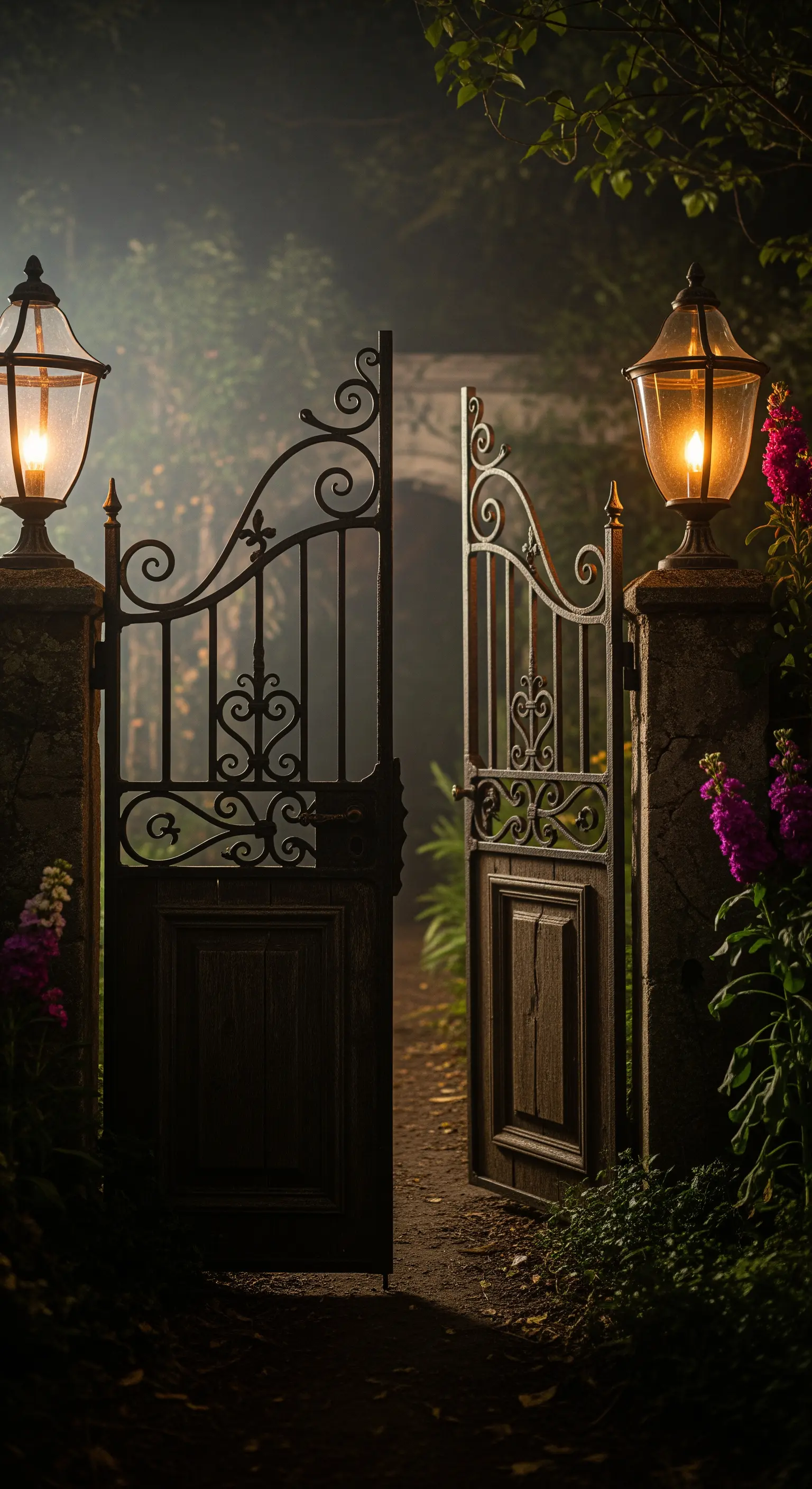 Offenes Gartentor mit zwei großen, beleuchteten Laternen auf Steinsäulen.
