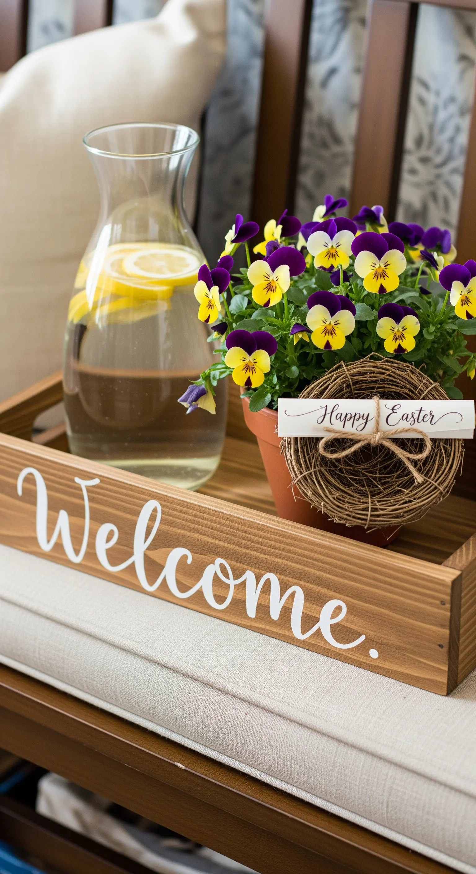 Holztablett mit 'Welcome', Stiefmütterchen, 'Happy Easter'-Schild und Zitronenwasser
