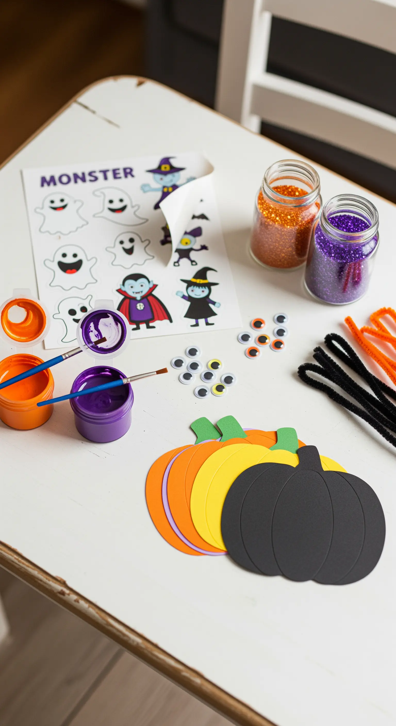 Ein Basteltisch mit verschiedenen Materialien wie Papierkürbissen, Glitzer und Stickern für Halloween.