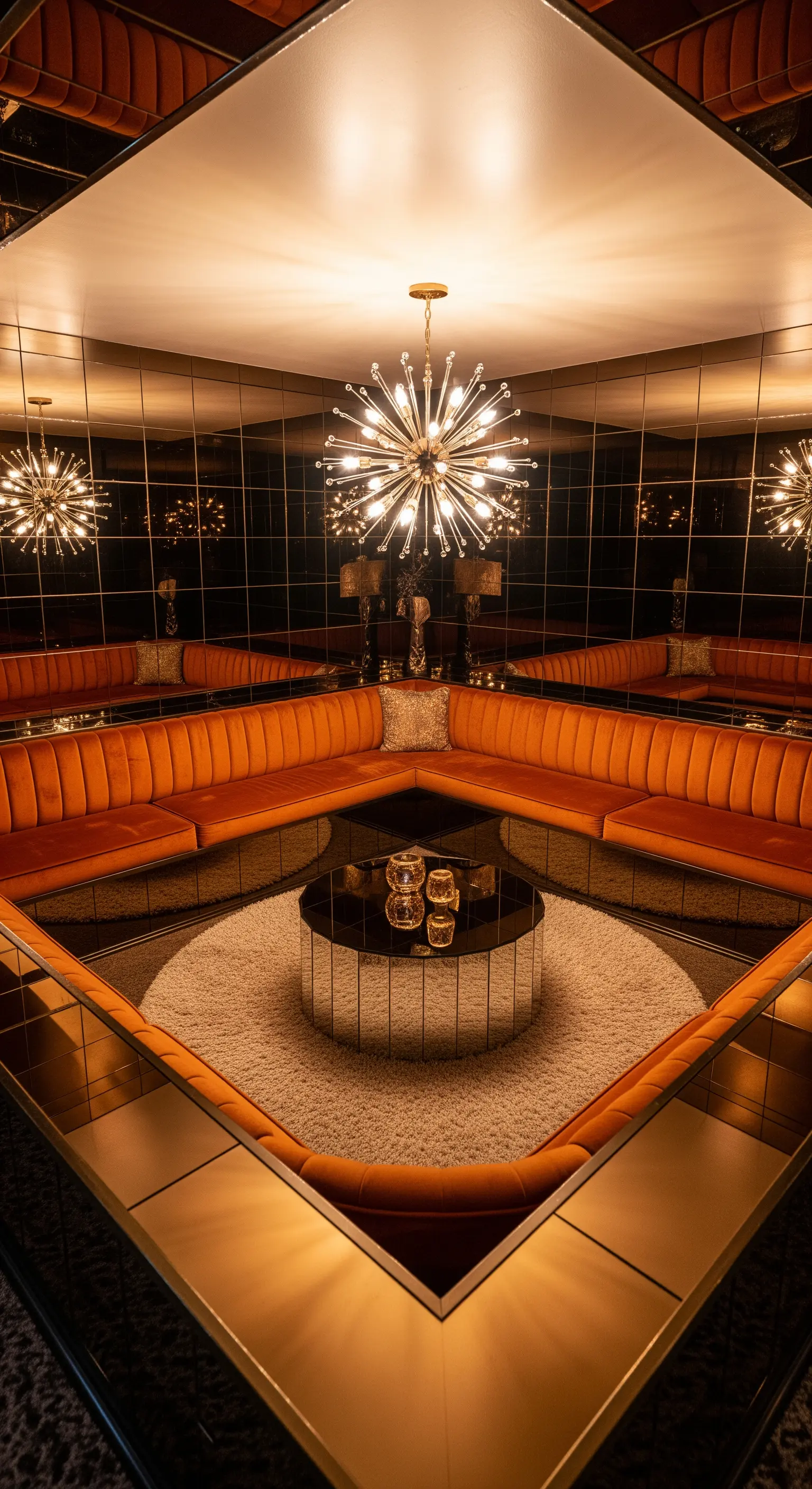 Versenkte Lounge mit orangefarbenem Samt, die von allen Seiten mit Spiegeln verkleidet ist.