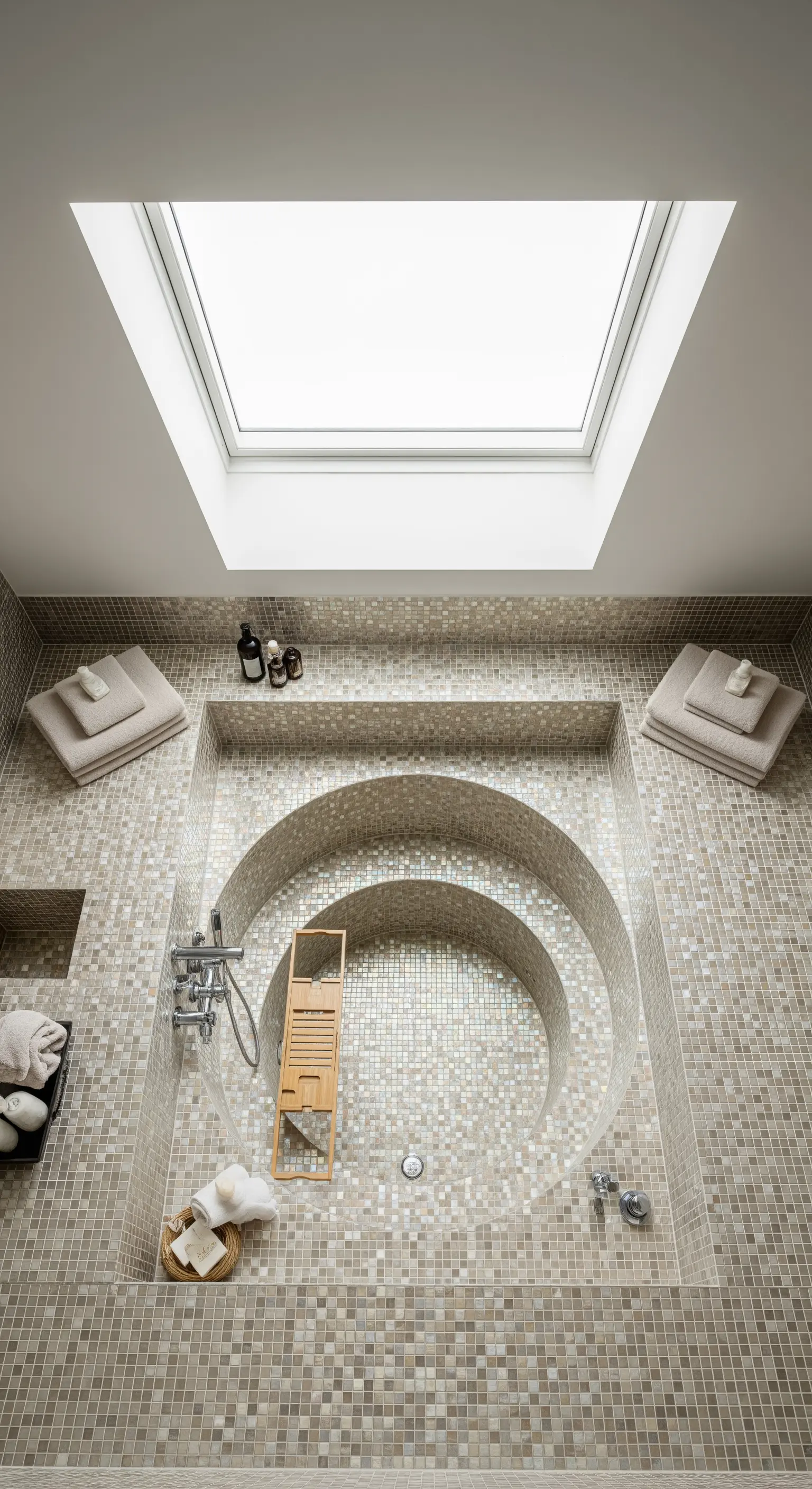 Von oben fotografierte, runde, in den Boden eingelassene Badewanne mit Mosaikfliesen unter einem Dachfenster.