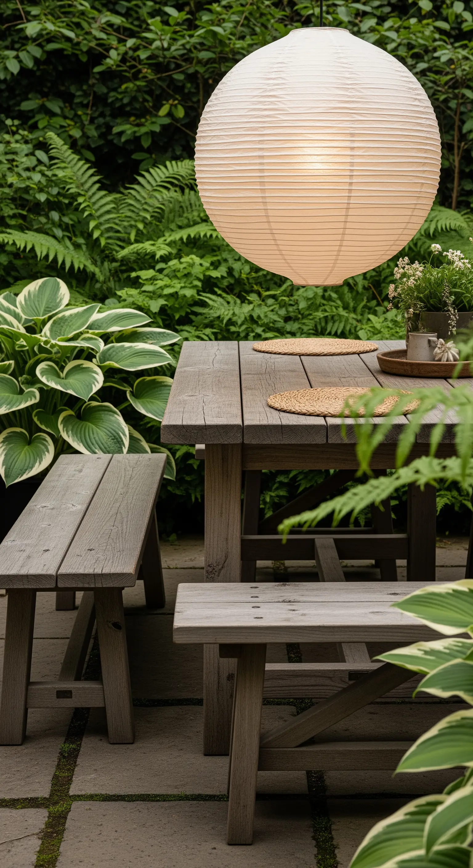 Große Papierlaterne, rustikaler Holztisch, grüne Pflanzen, Japandi