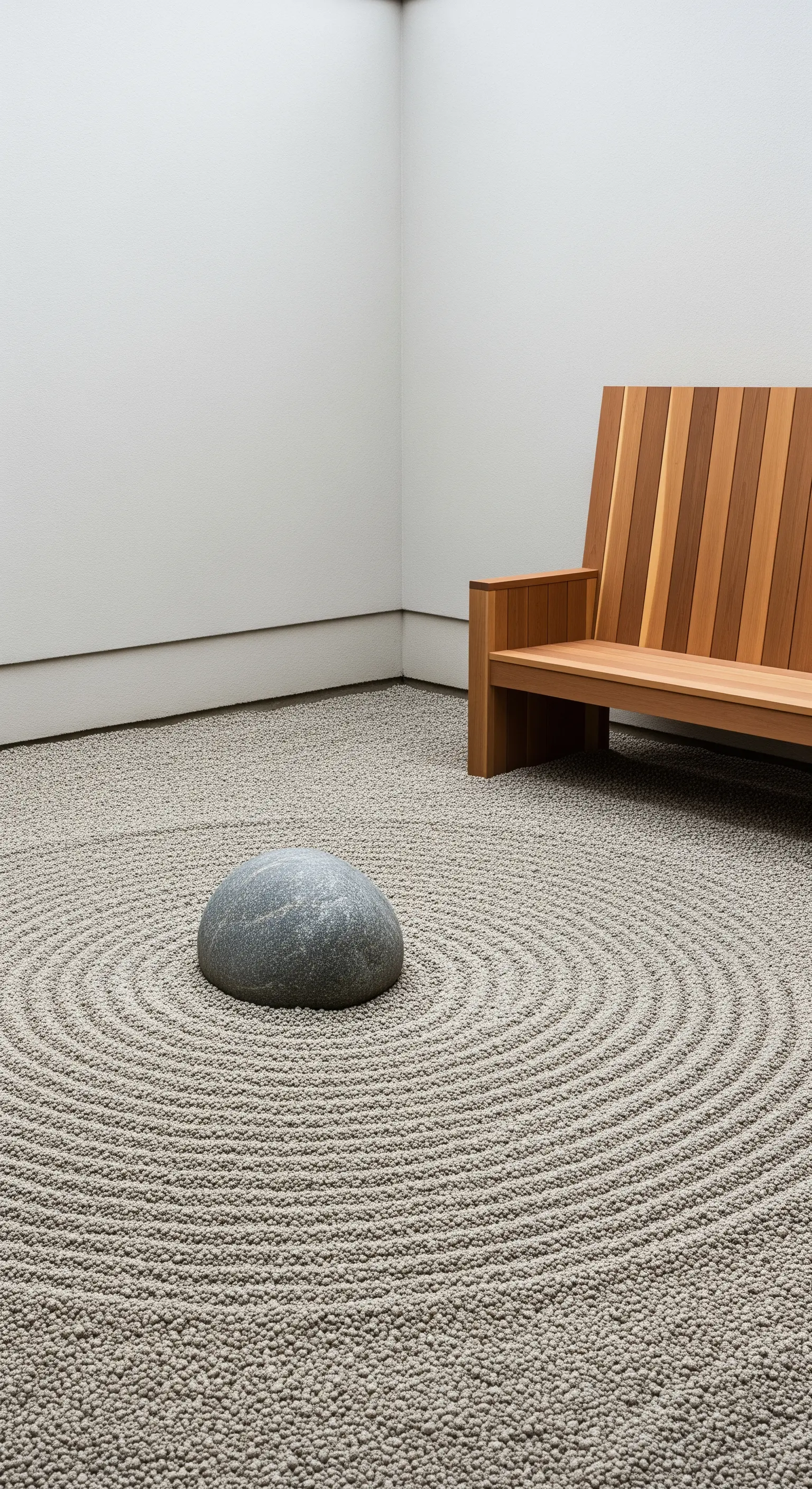 Kleiner Stein im gerakten Kies, Holzbank im Hintergrund