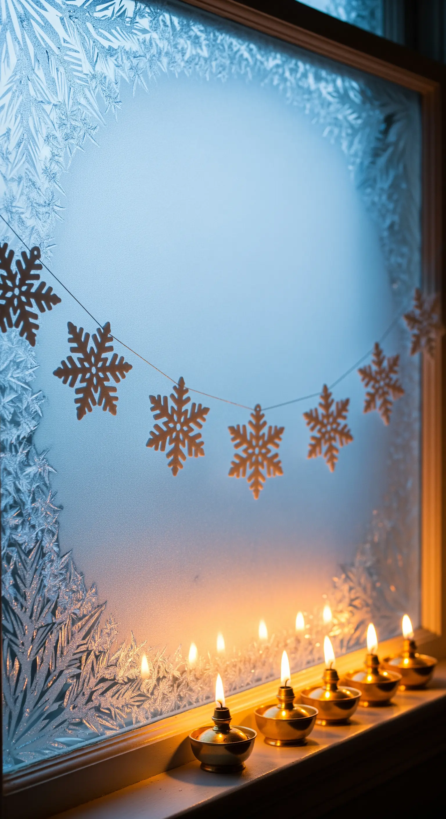 Fenster mit Eisblumenmuster, Schneeflocken-Girlande und Reihe kleiner Öllampen auf der Fensterbank