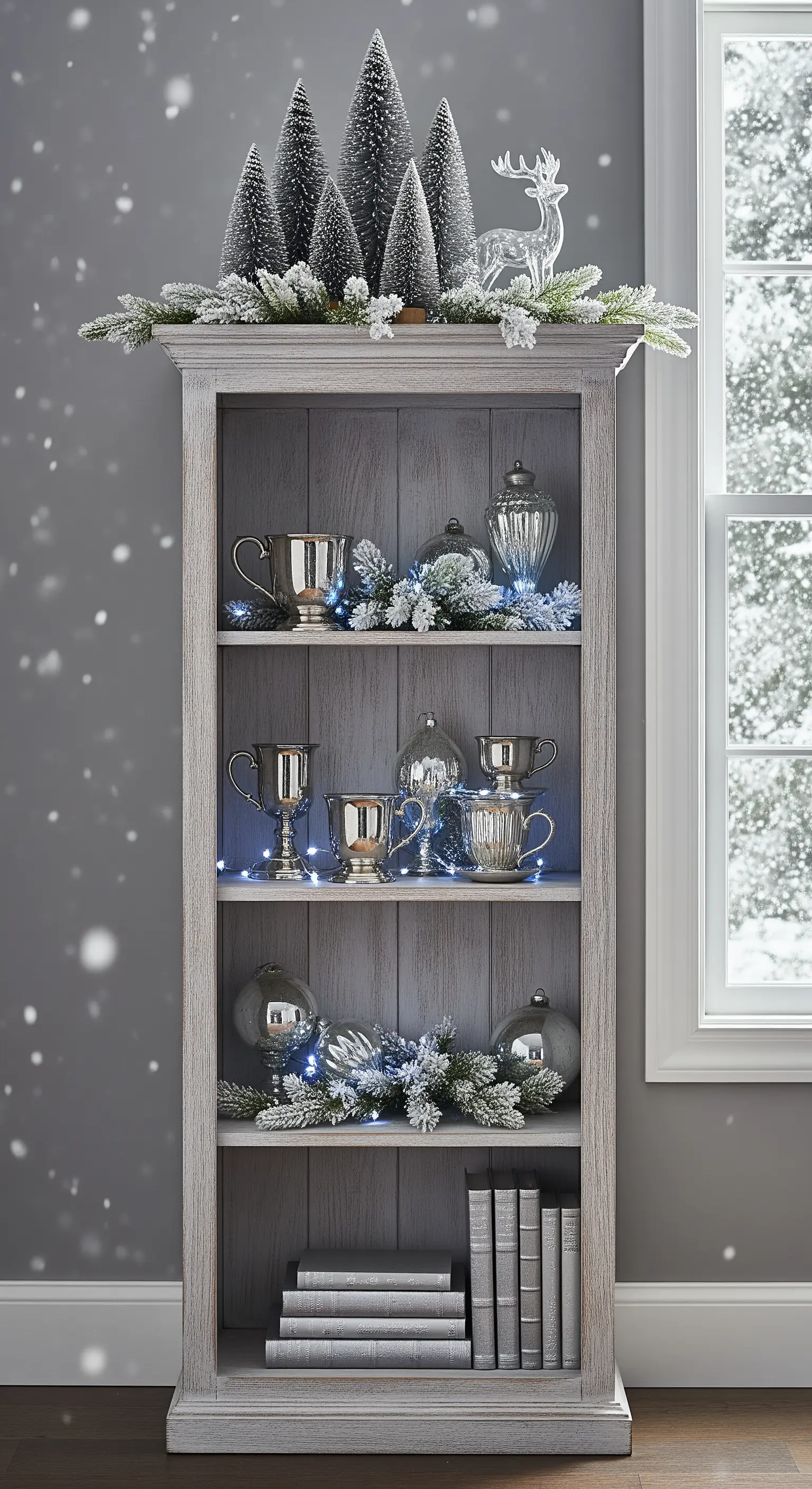 Graues Bücherregal mit silbernen Pokalen, beschneiten Zweigen und blauen Lichtern