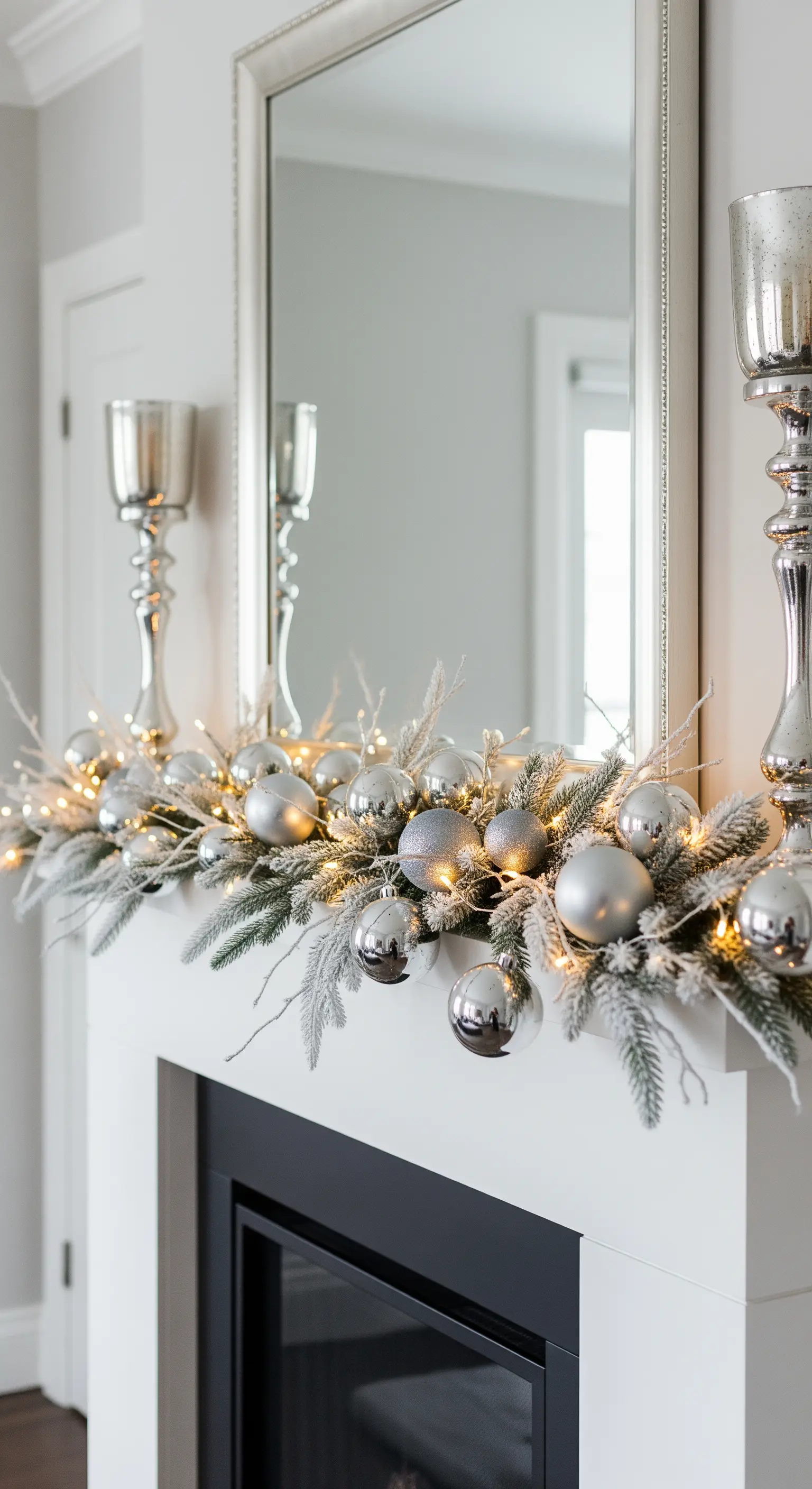 Elegante Winterdeko in Silber und Weiß mit einer schneebedeckten Girlande und glänzenden Kugeln.