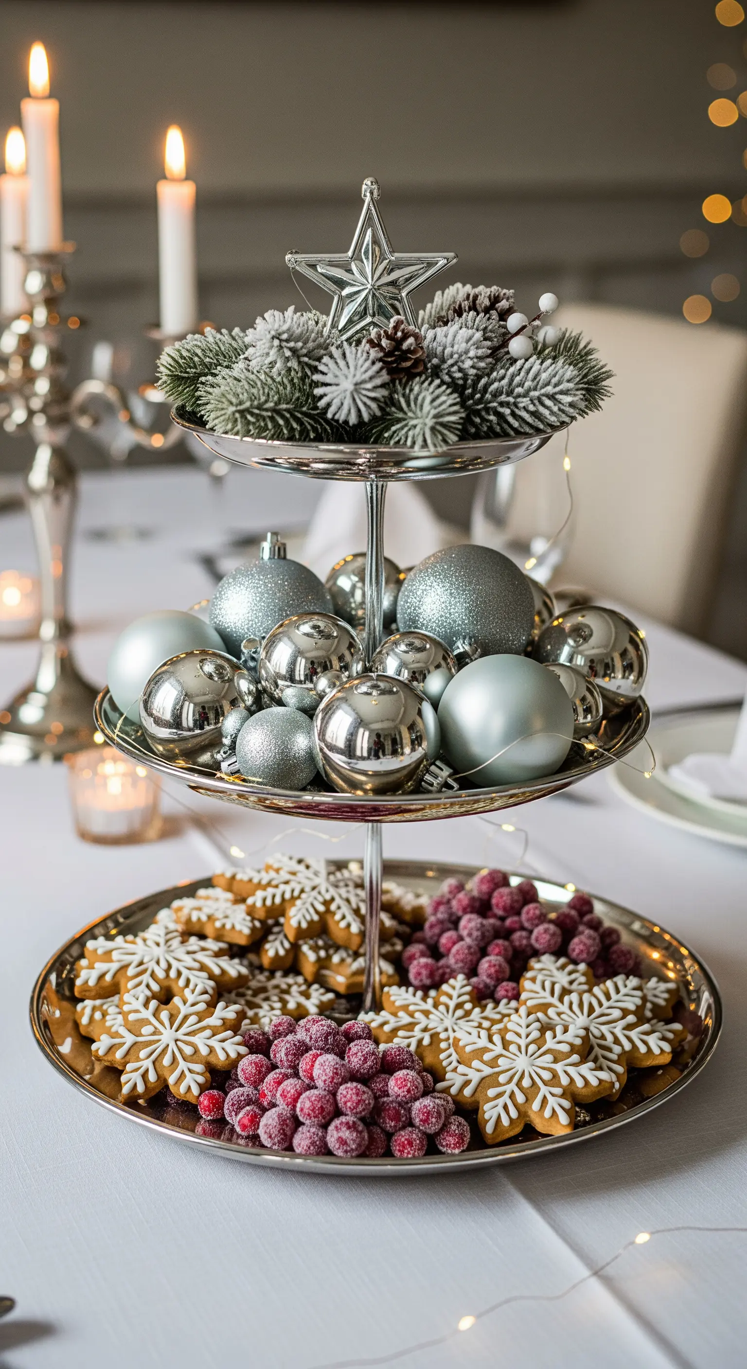 Silberne Etagere mit Weihnachtskugeln, Schneeflocken-Plätzchen und gezuckerten Beeren