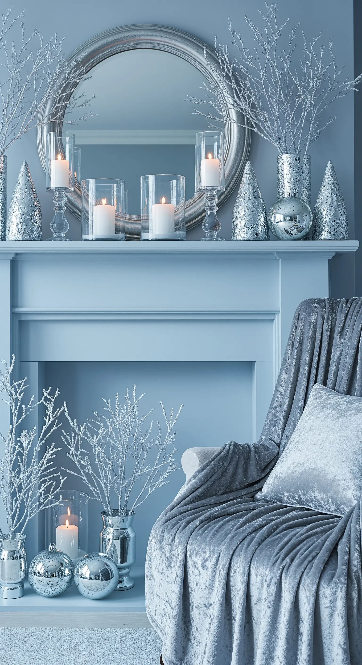 Blaue Kaminumrandung mit silbernen Vasen, weißen Glitzer-Ästen und Kerzen.