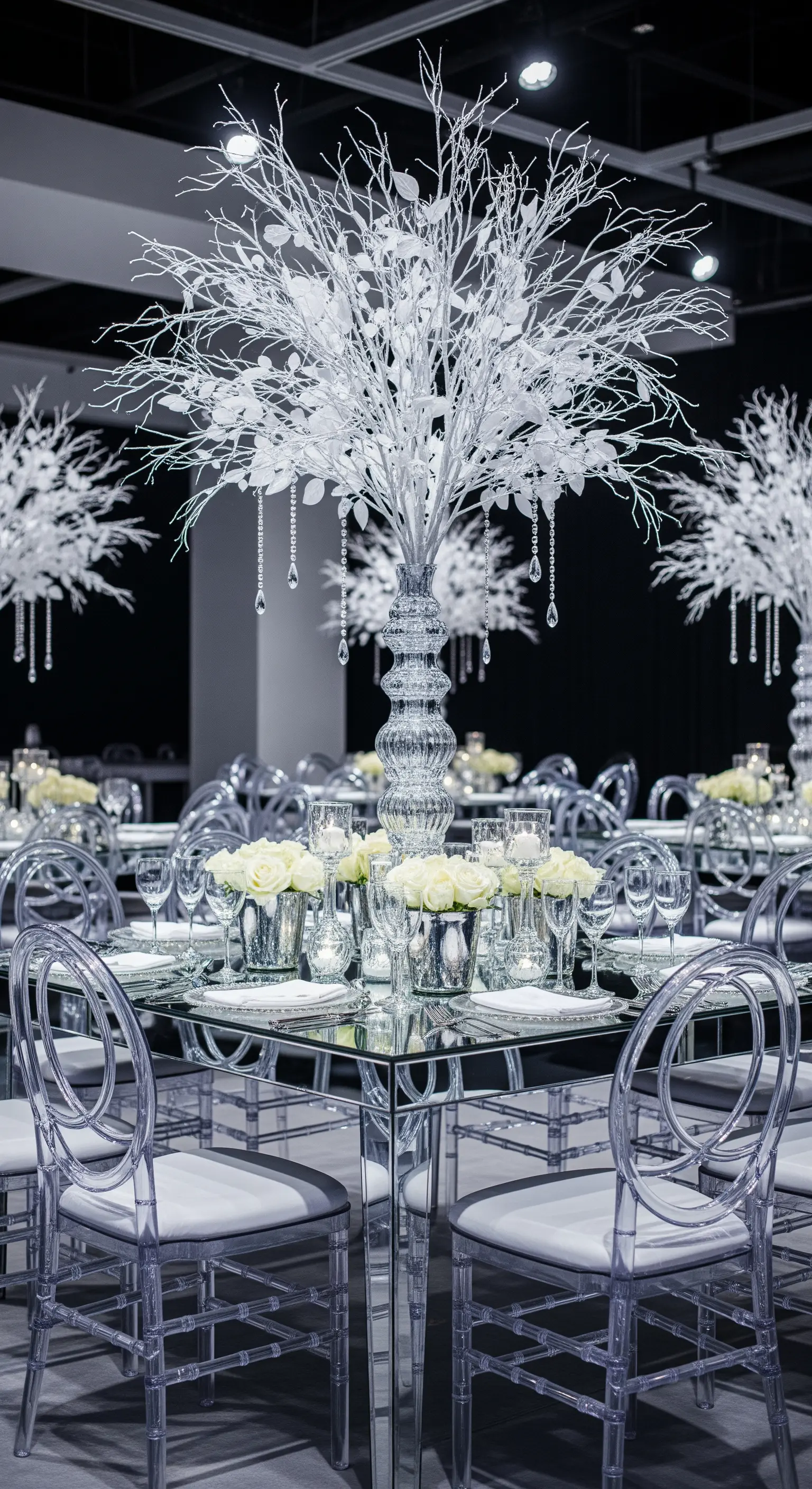 Spiegeltisch mit weißem Baum-Centerpiece, weißen Rosen und transparenten Stühlen