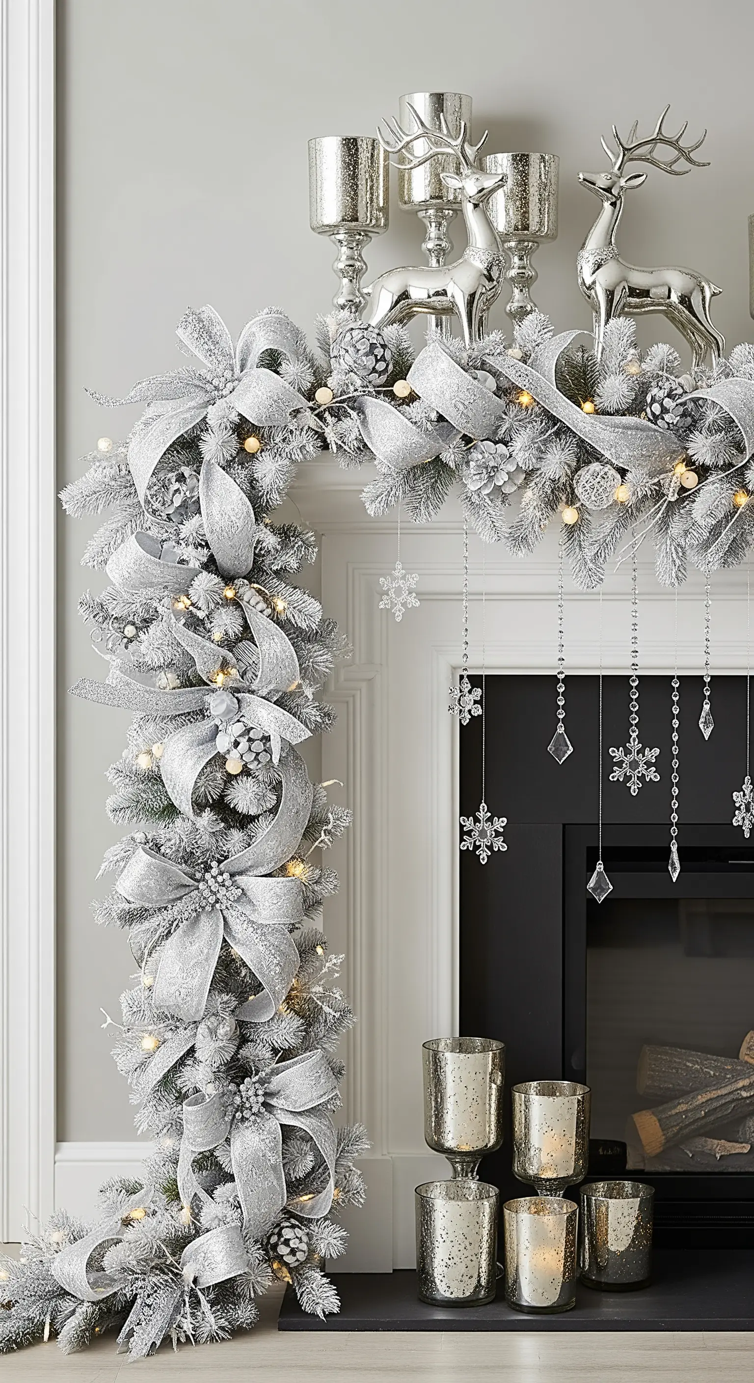Opulente, silberne Winterdeko mit Glitzerbändern auf einer Kaminumrandung.