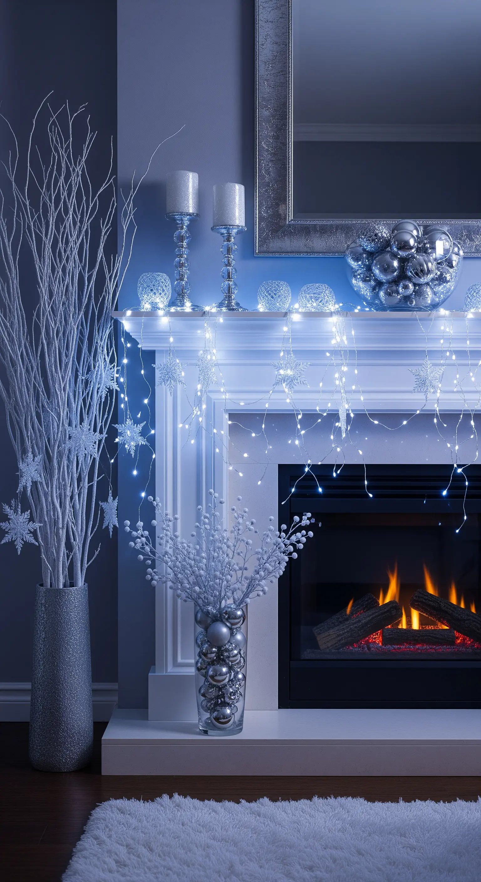 Moderner Kamin in Weiß und Silber mit einem Vorhang aus kaltweißen Lichterketten.