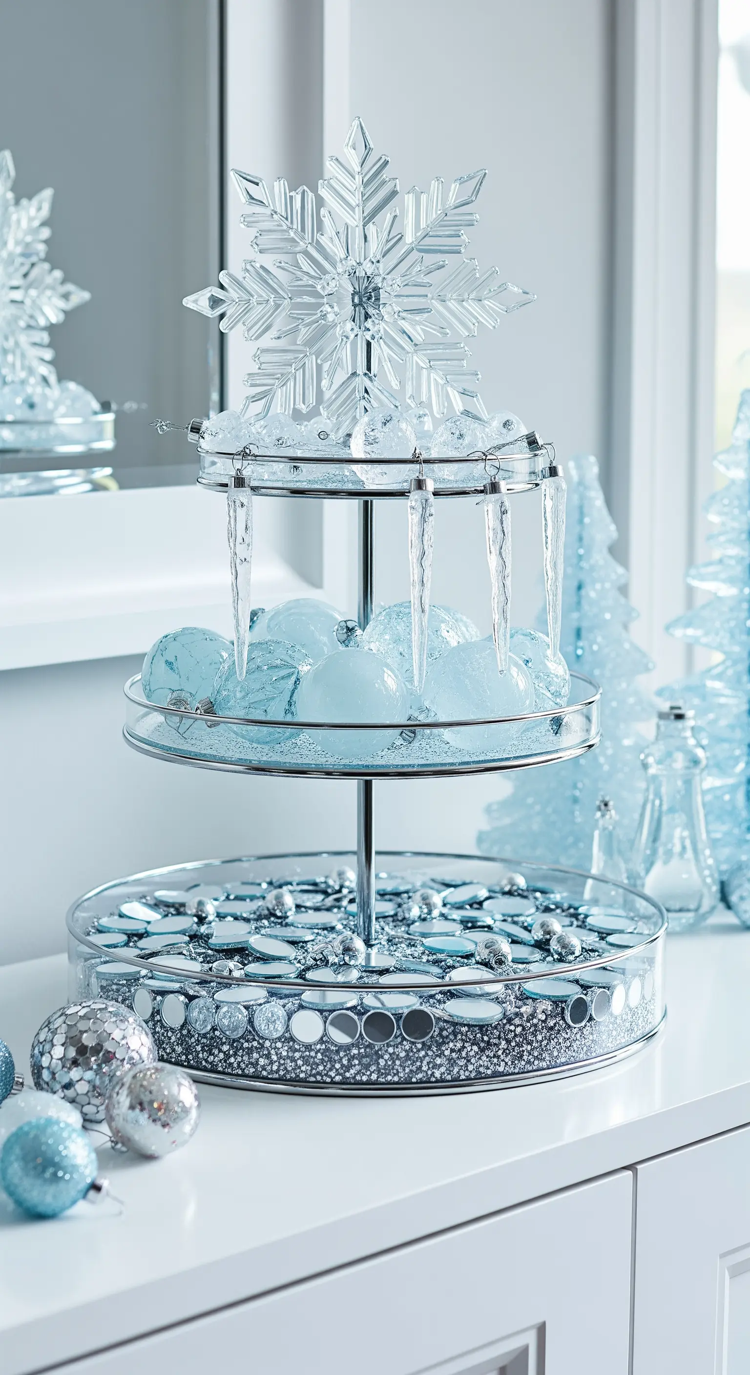 Glas-Etagere in Eisblau und Silber mit Kristall-Schneeflocke und Eiszapfen.