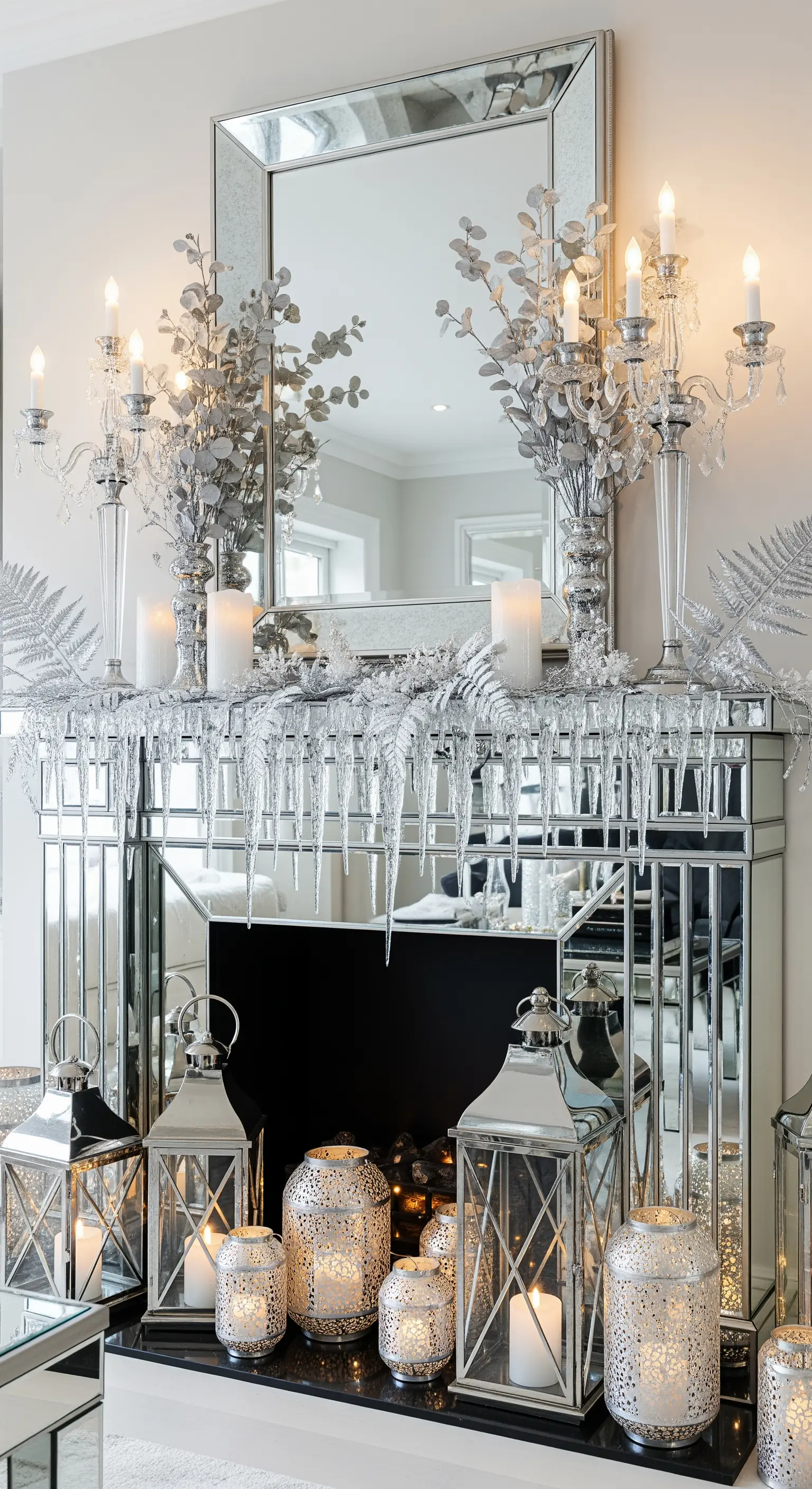 Verspiegelter Kamin mit silberner Deko, Eiszapfen, Laternen und weißem Kerzenschein