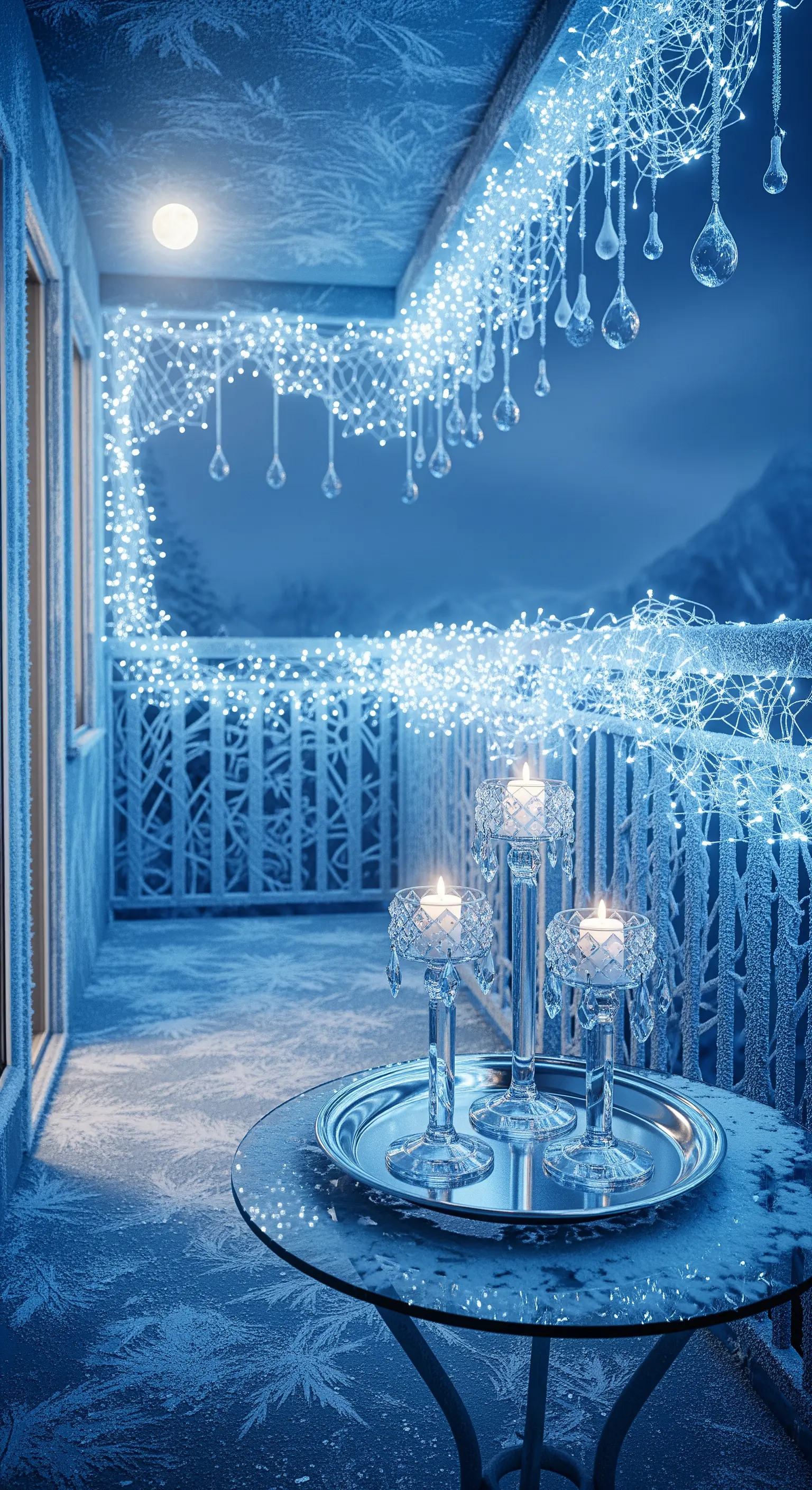 Balkon in blauem Lichterglanz mit Eiszapfen-Lichterketten und eleganten Kerzenleuchtern