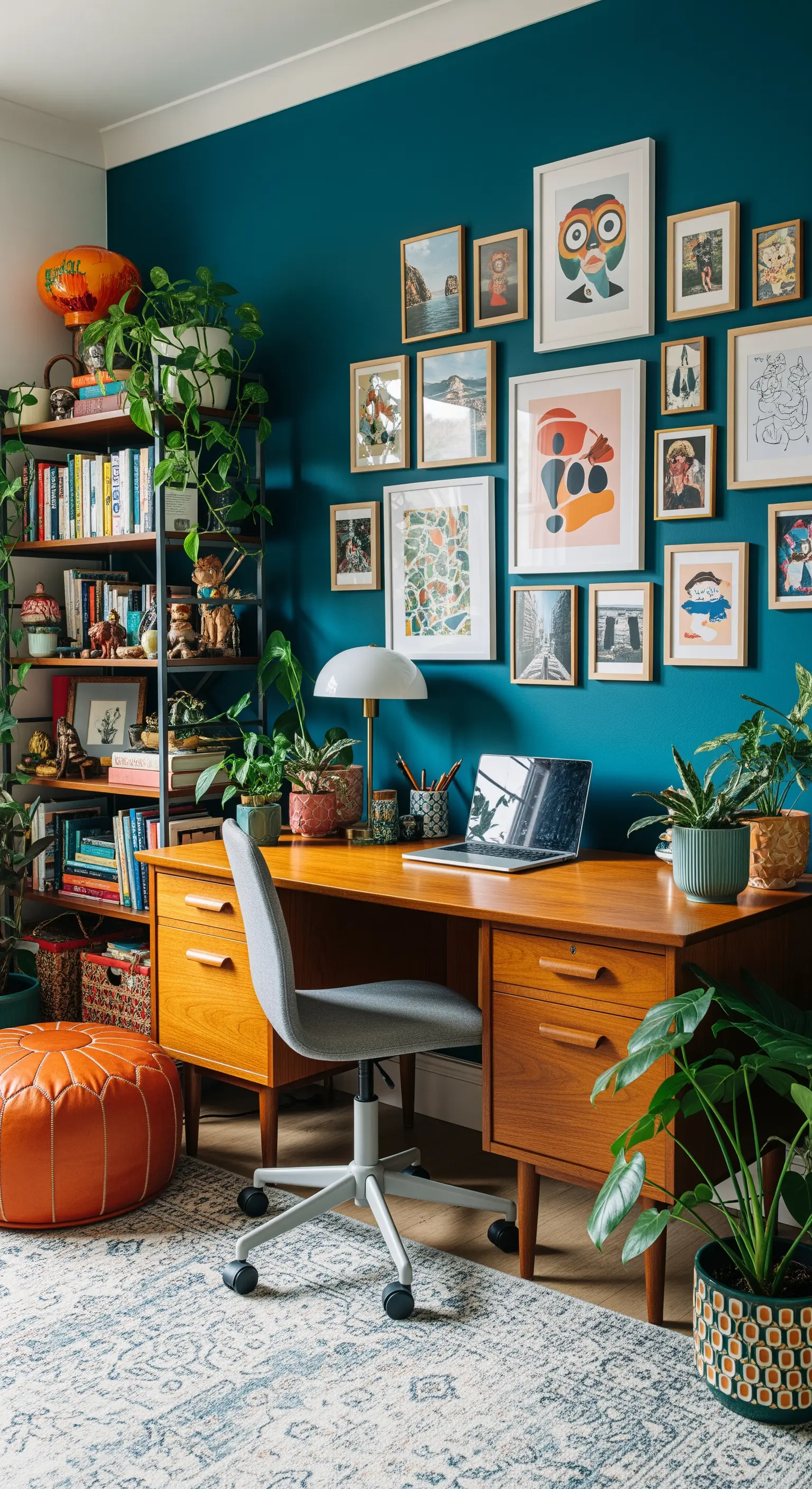 Kreatives Homeoffice mit einer bunten Gallery Wall an einer blaugrünen Wand
