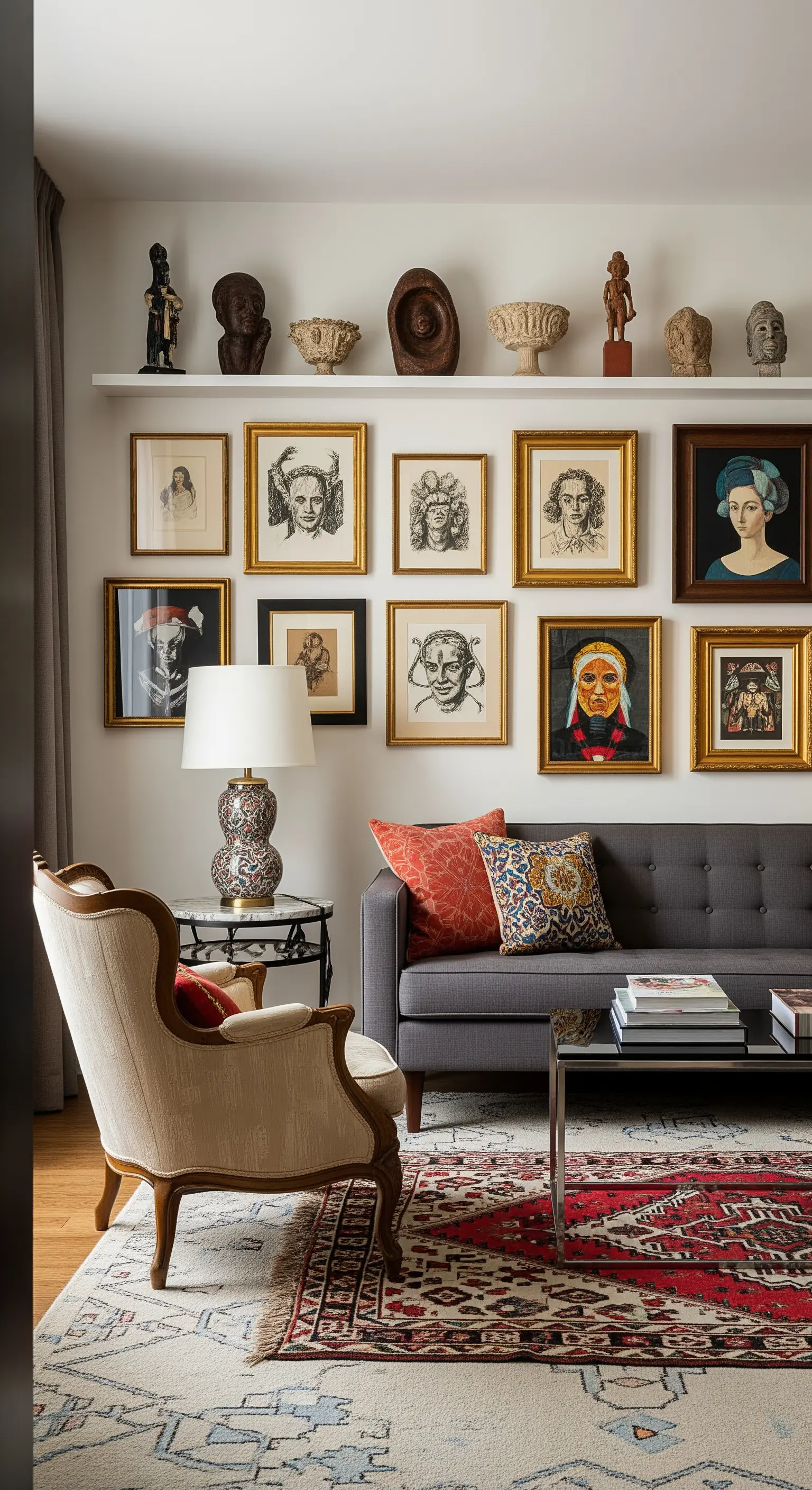 Wohnzimmer mit einer eklektischen Galerie-Wand voller Bilder und Skulpturen.