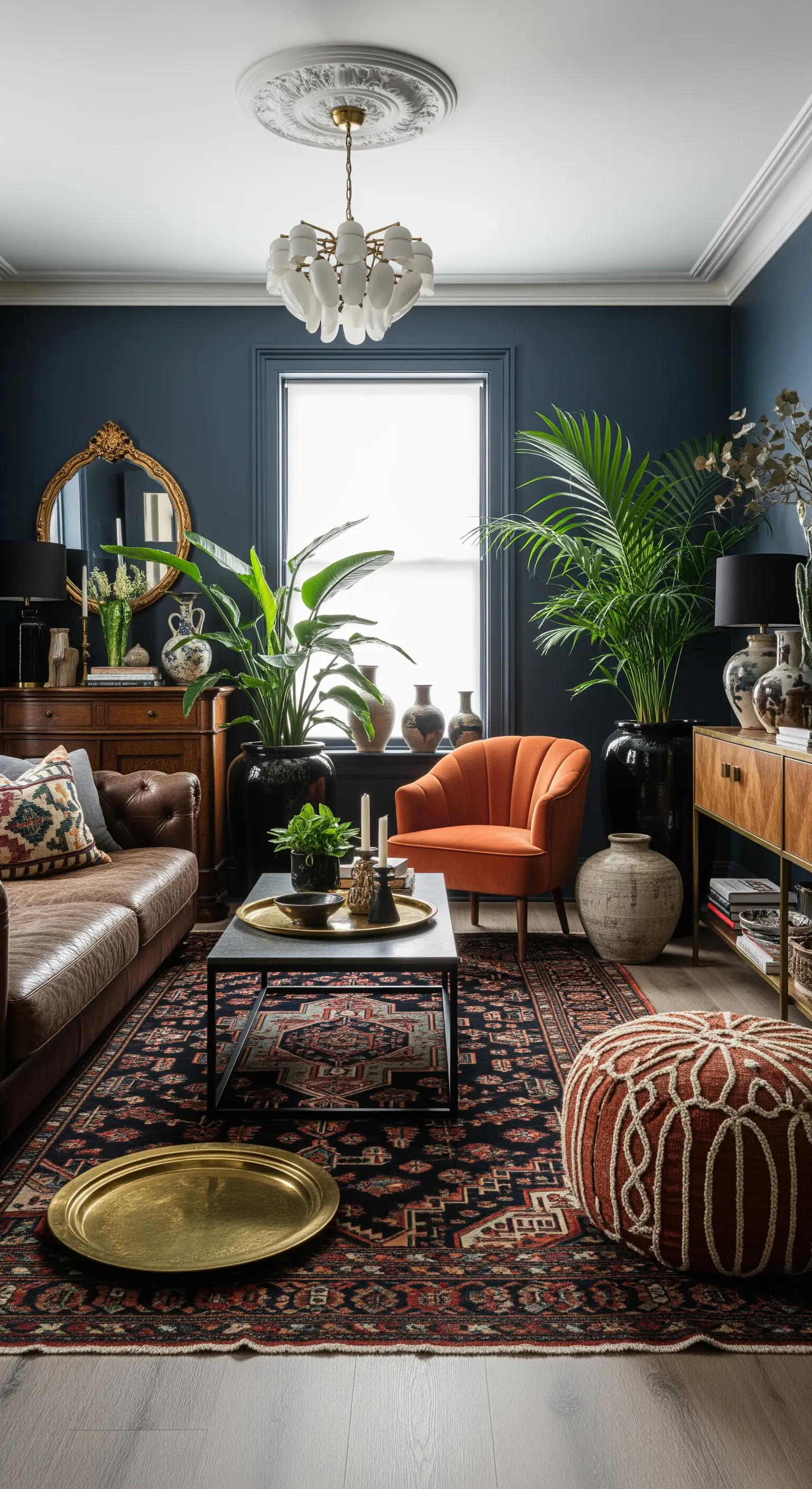 Eklektisches Wohnzimmer mit dunklen Wänden, Ledersofa, orangem Sessel und vielen Pflanzen.