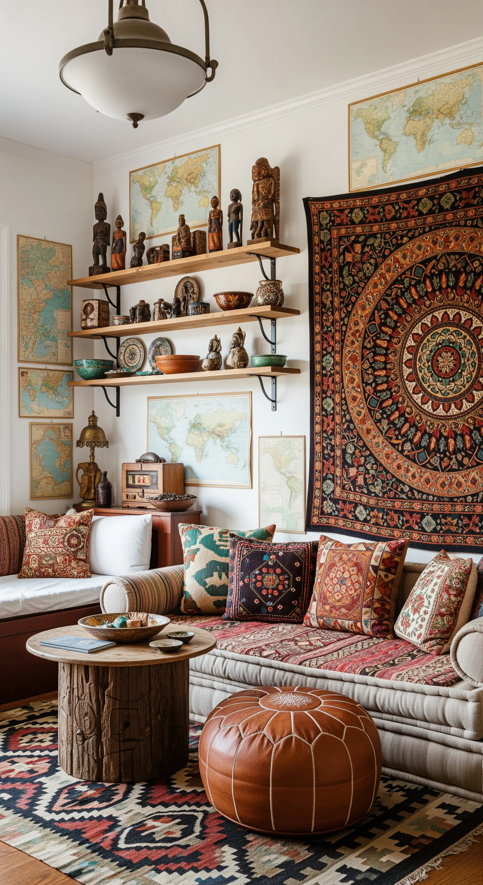 Wohnzimmer mit Ethno-Teppich, vielen gemusterten Kissen und einem großen Wandteppich.