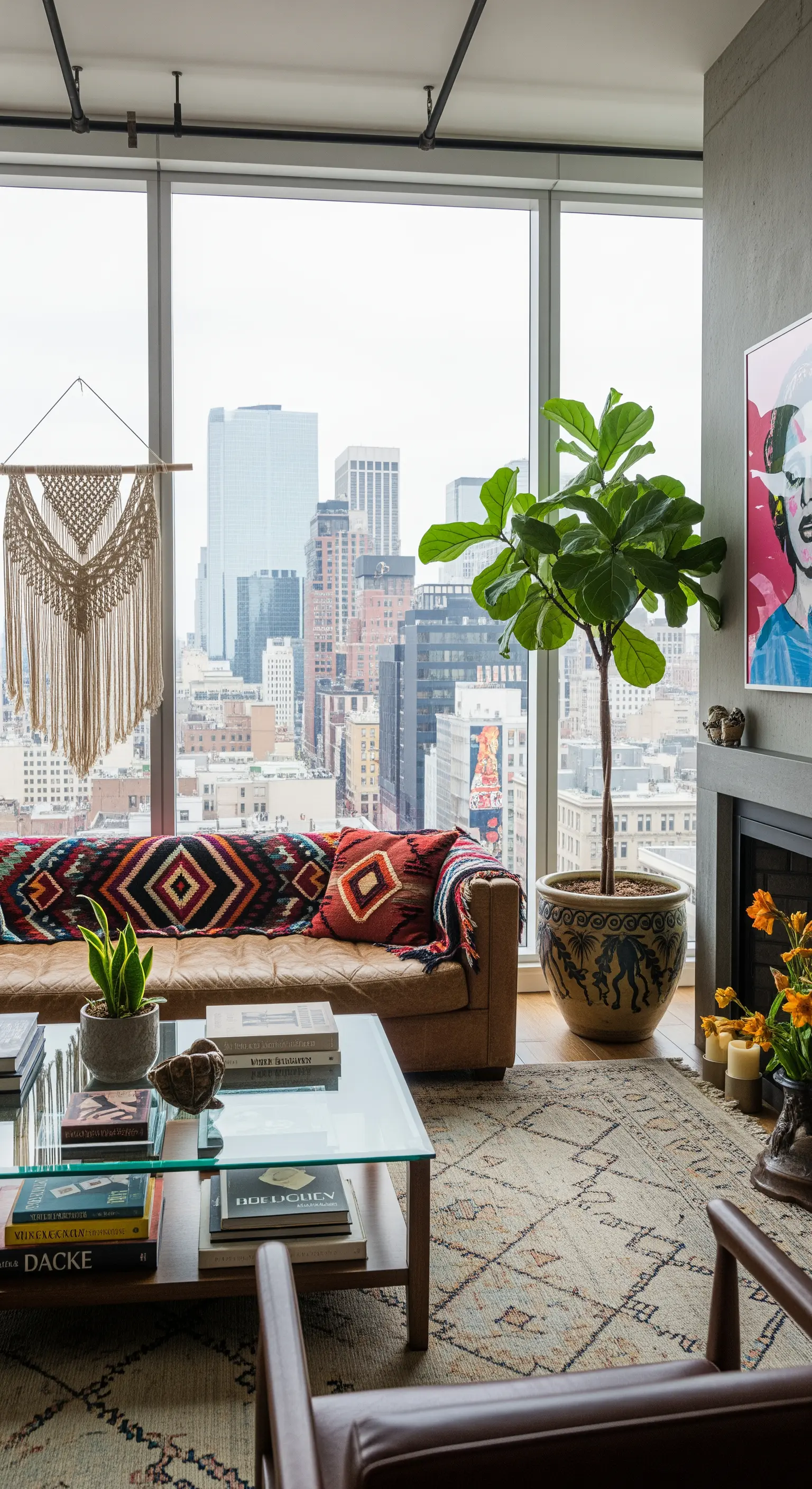 Boho-Wohnzimmer mit Ledersofa, gemusterten Decken, Makramee und großer Zimmerpflanze