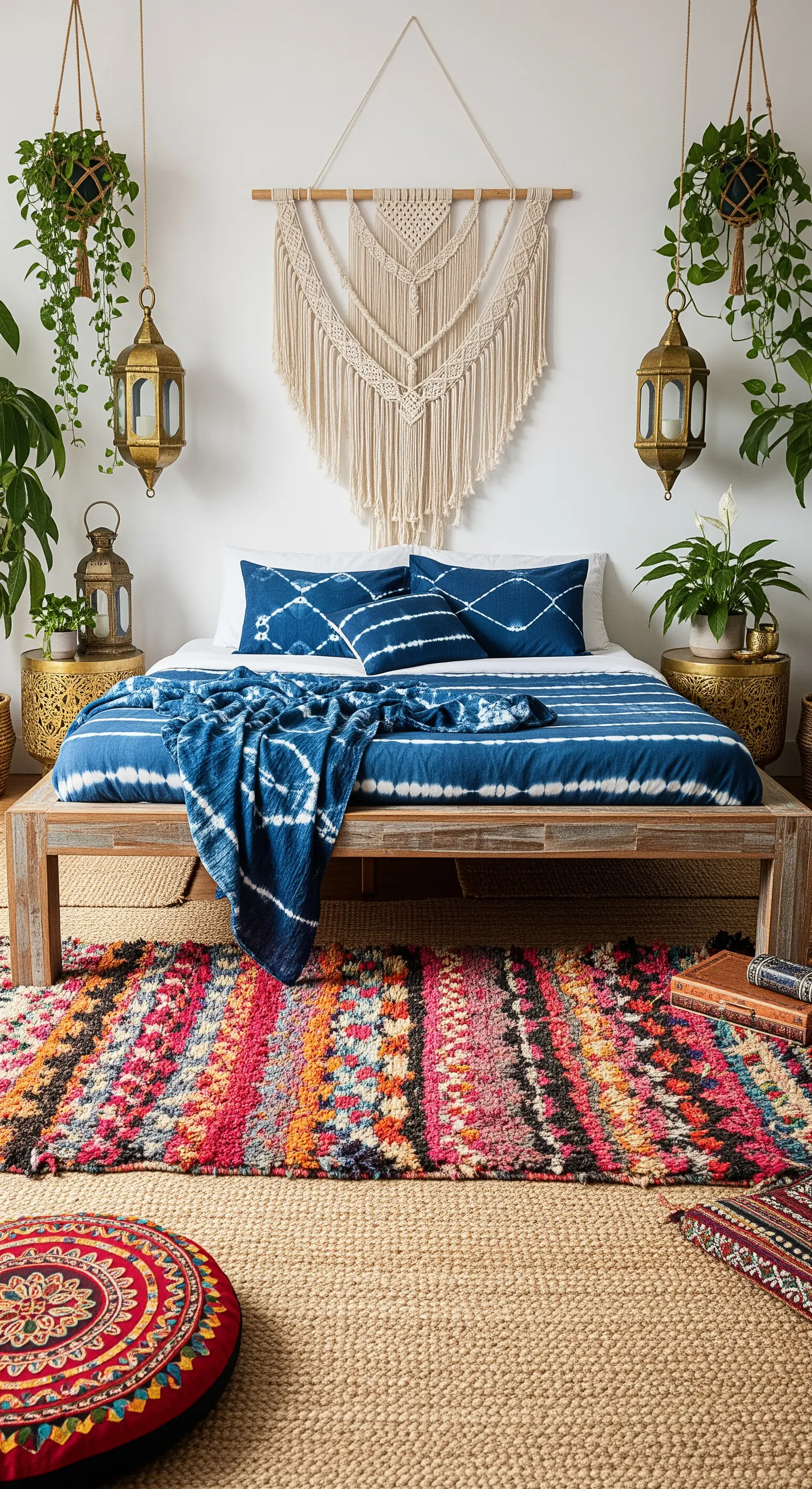 Boho-Schlafzimmer mit einem bunten Ethno-Läufer auf einem großen Jute-Teppich
