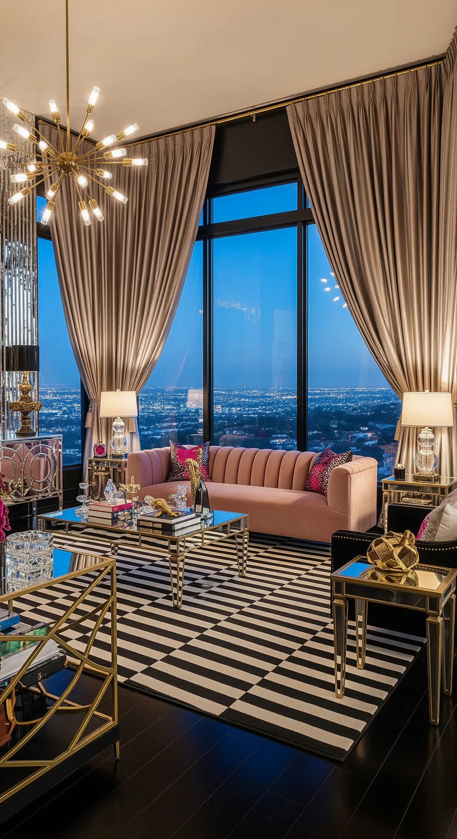 Hollywood-Regency-Wohnzimmer mit rosa Samtsofa und schwarz-weiß gestreiftem Teppich