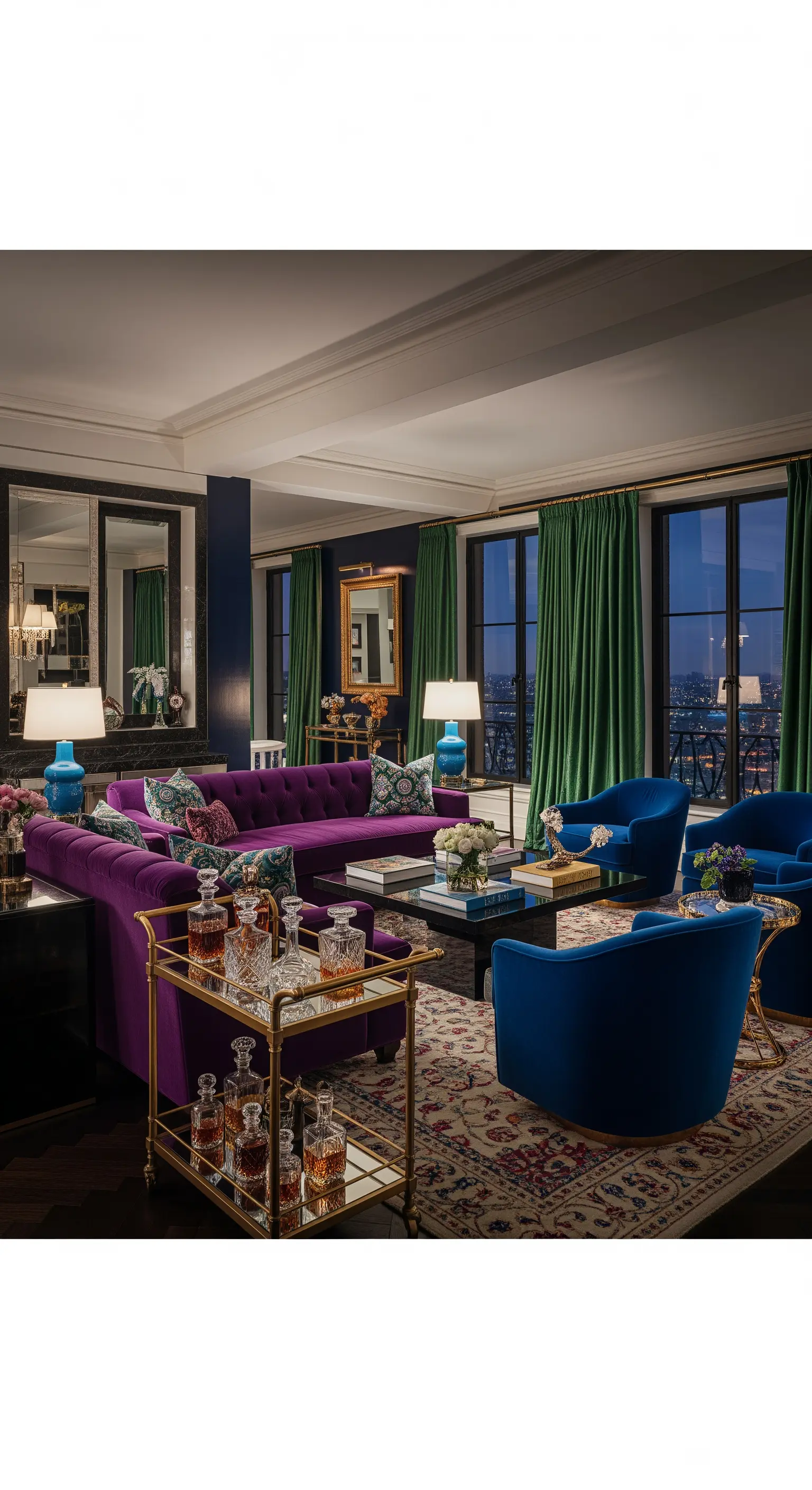 Farbenfrohes Wohnzimmer mit lila Samtsofa, blauen Sesseln und goldenem Barwagen.