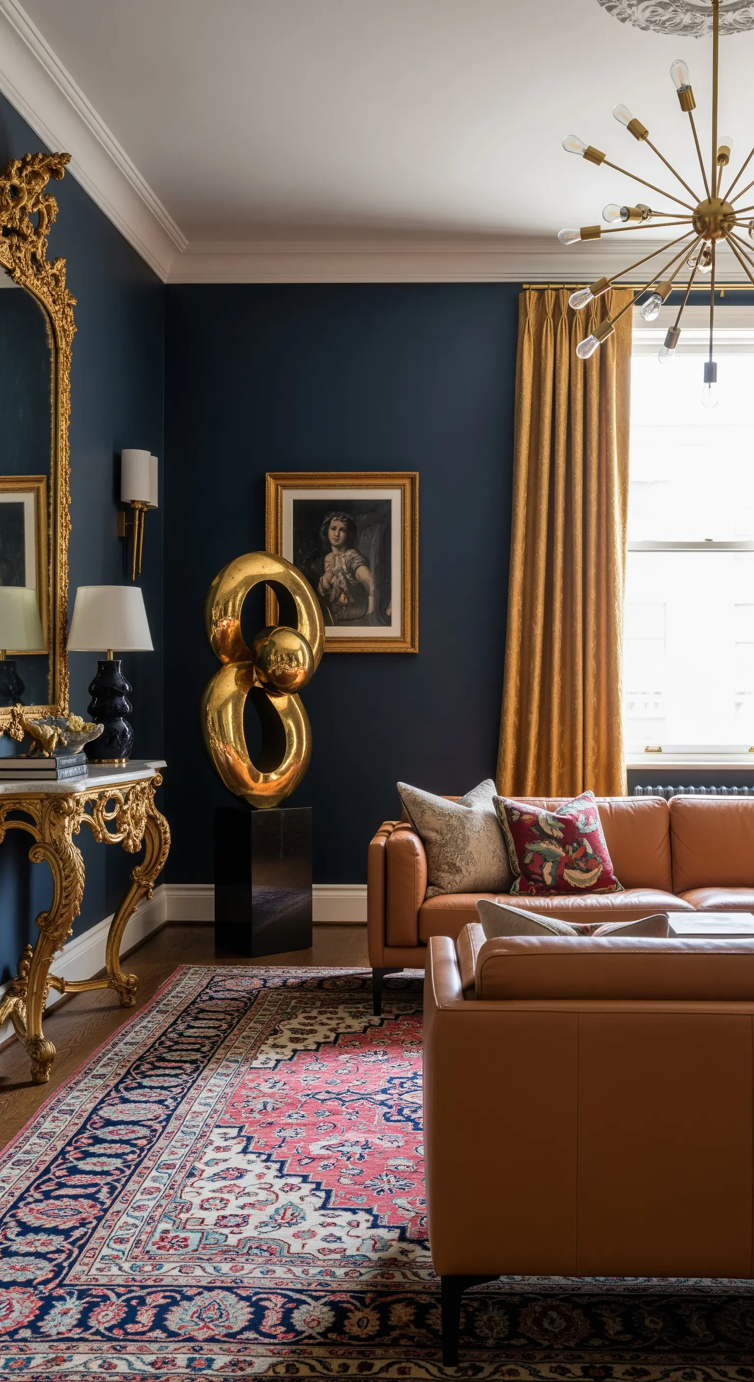 Eklektisches Wohnzimmer mit dunkelblauen Wänden, Barockspiegel, moderner Goldskulptur und Ledersofa.