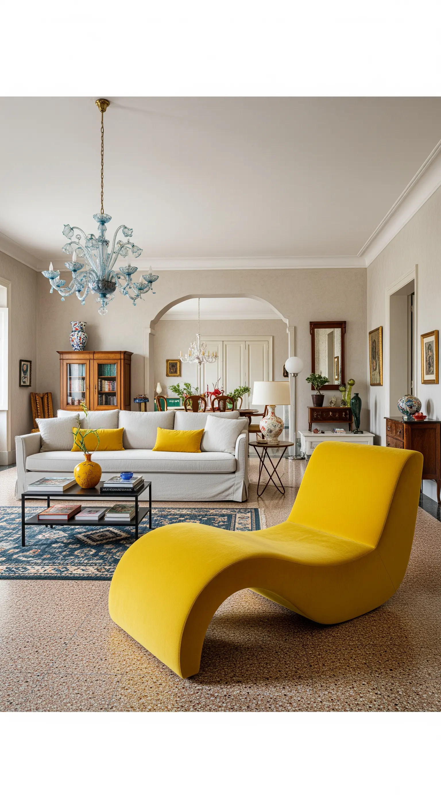 Helles Sofa und eine skulpturale, gelbe Chaiselongue in einem eklektischen Wohnzimmer mit Terrazzoboden.