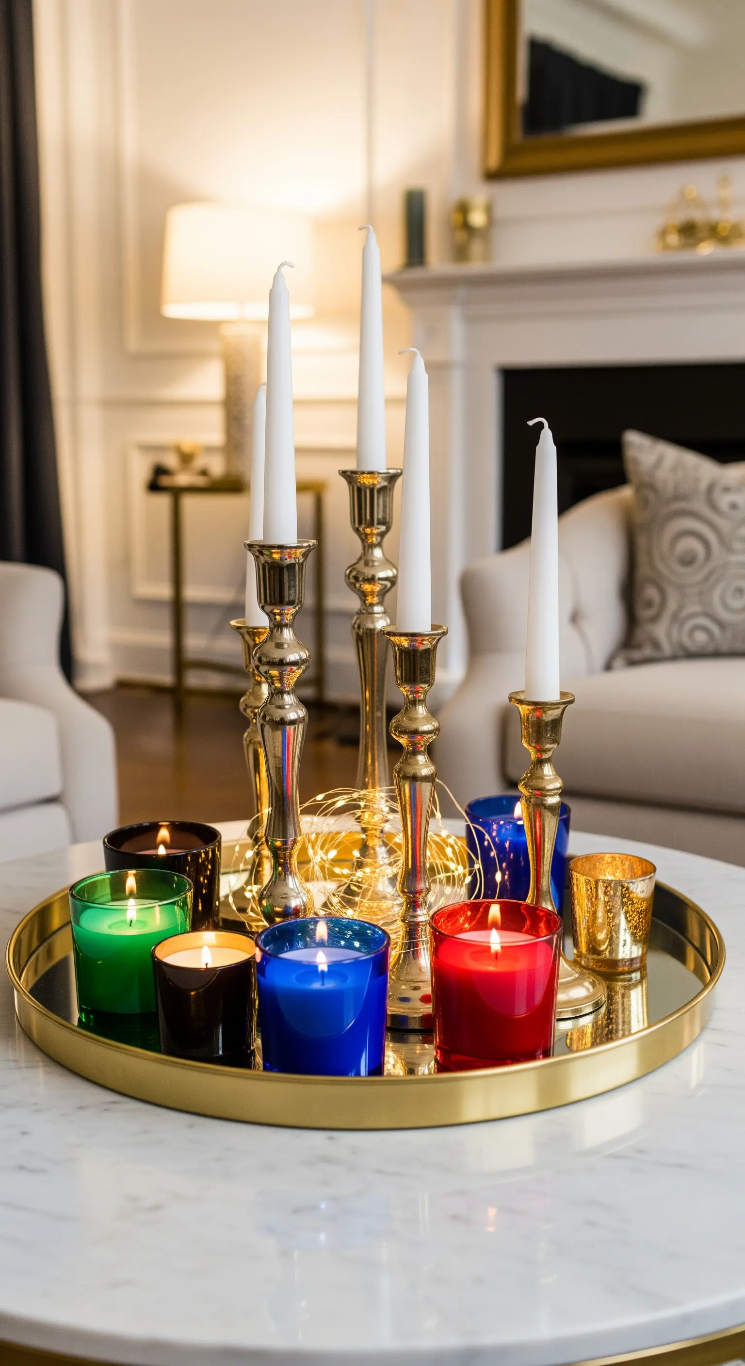 Goldtablett mit einer Mischung aus bunten Duftkerzen und klassischen Stabkerzenhaltern.