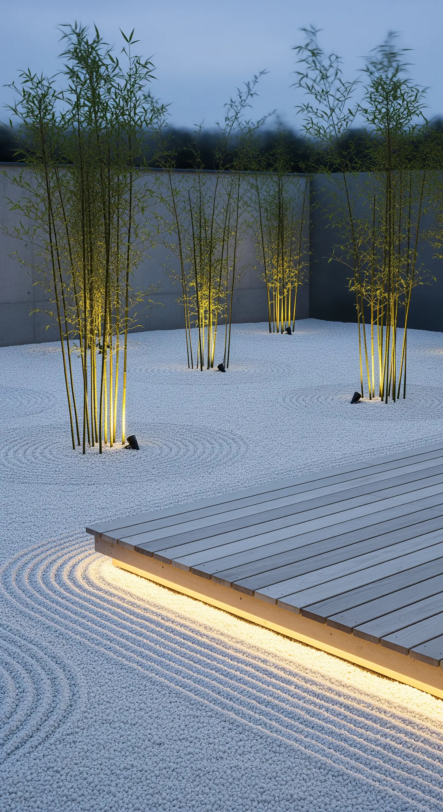 Beleuchteter Japandi-Garten bei Nacht mit weißen Kiesmustern und Bambus