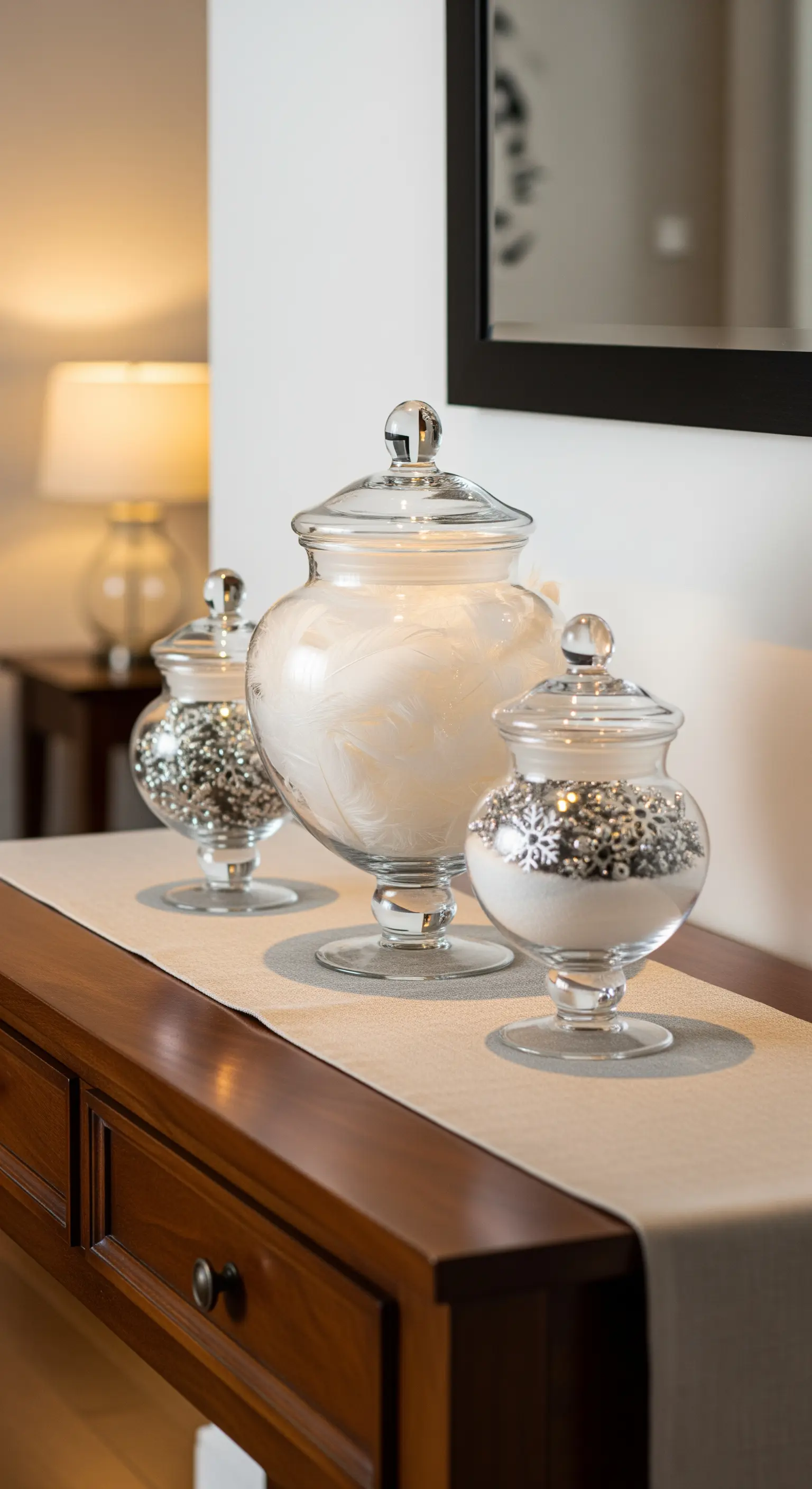 Drei Apothekergläser gefüllt mit weißer und silberner Winterdeko.