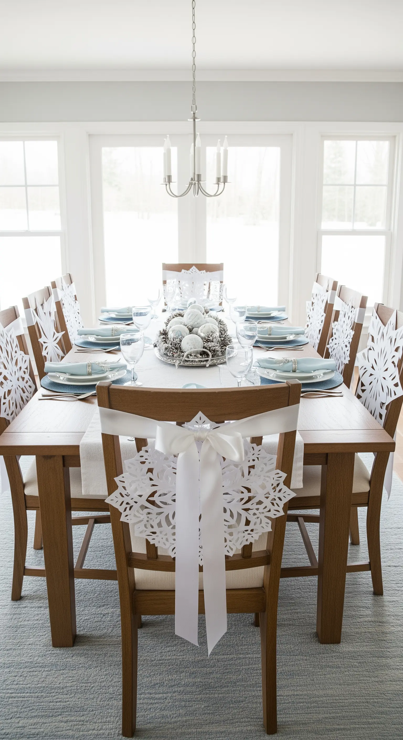 Esszimmerstühle mit weißen Schneeflocken und Satinschleifen an den Rückenlehnen