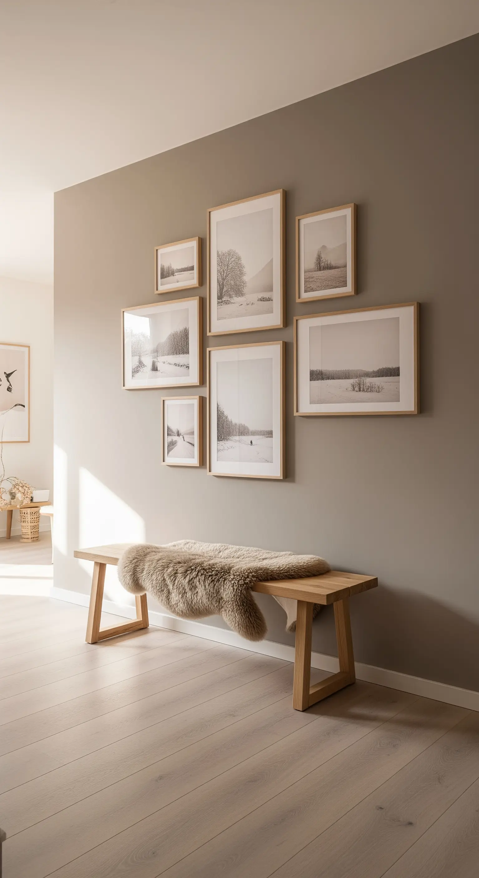 Flur mit Galerie-Wand, Holzbank und Schaffell