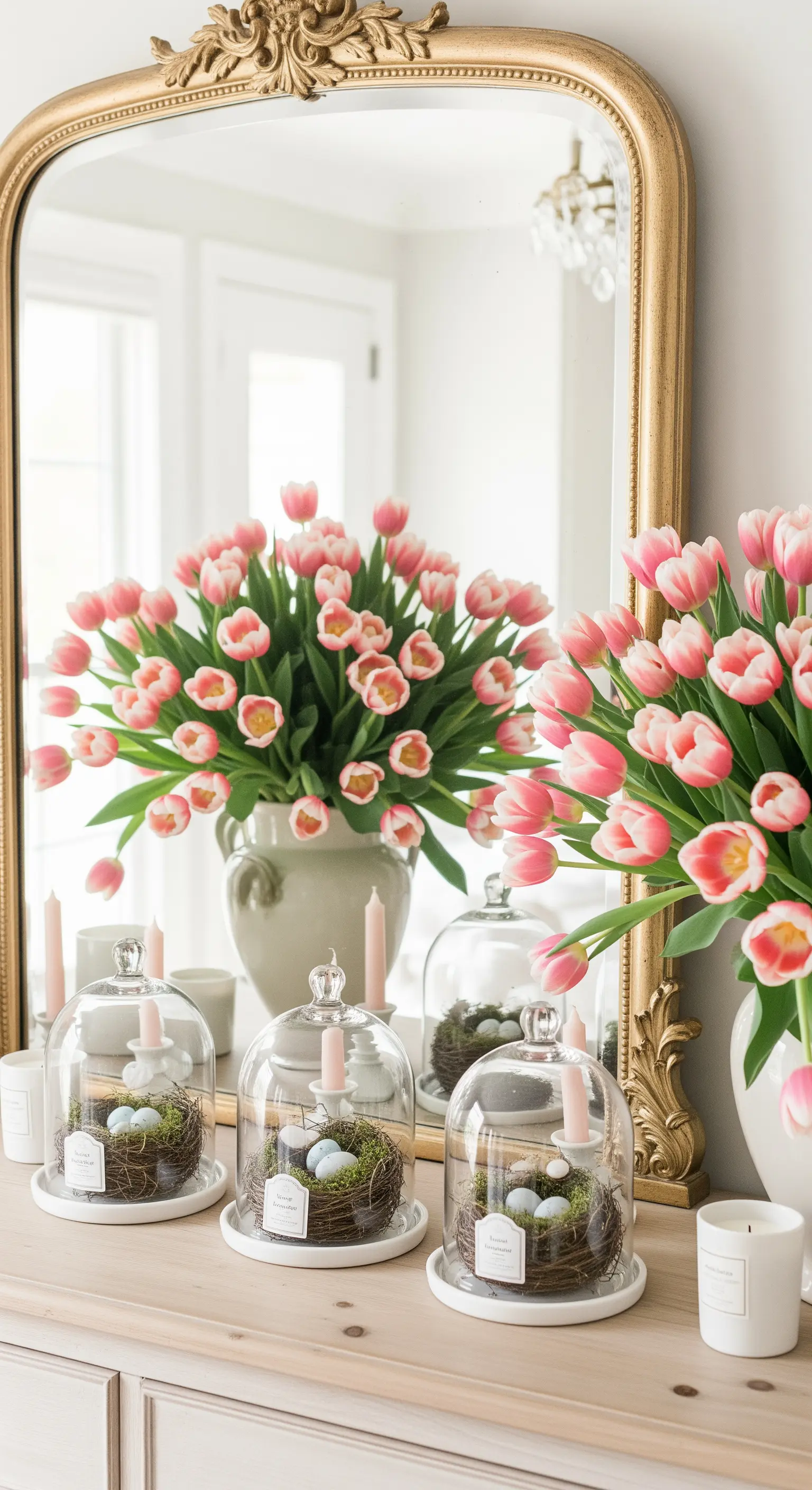 Vergoldeter Spiegel, Glasglocken mit Vogelnest-Deko, pinke Tulpen und Kerzen
