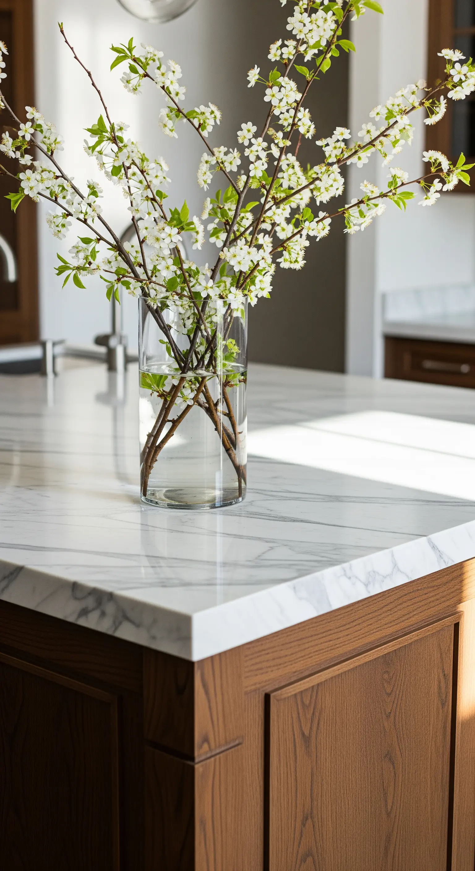 Blühende Zweige in Glasvase auf Marmorkücheninsel