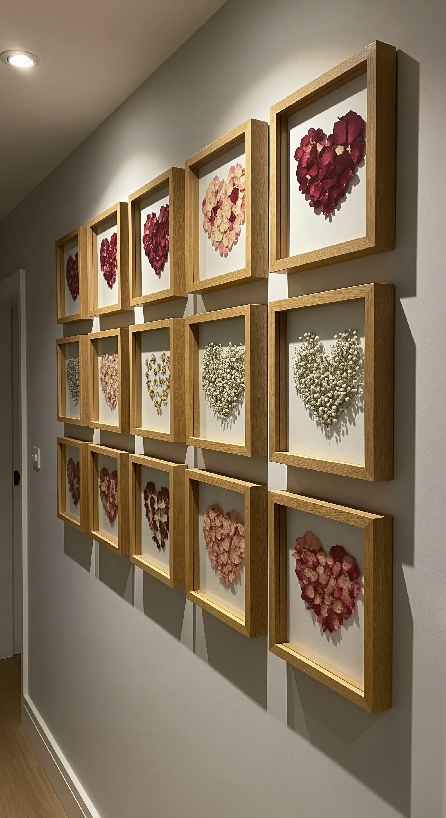 Gerahmte Blumenherzen, Galerie-Wand, Pressblumen, elegante Deko