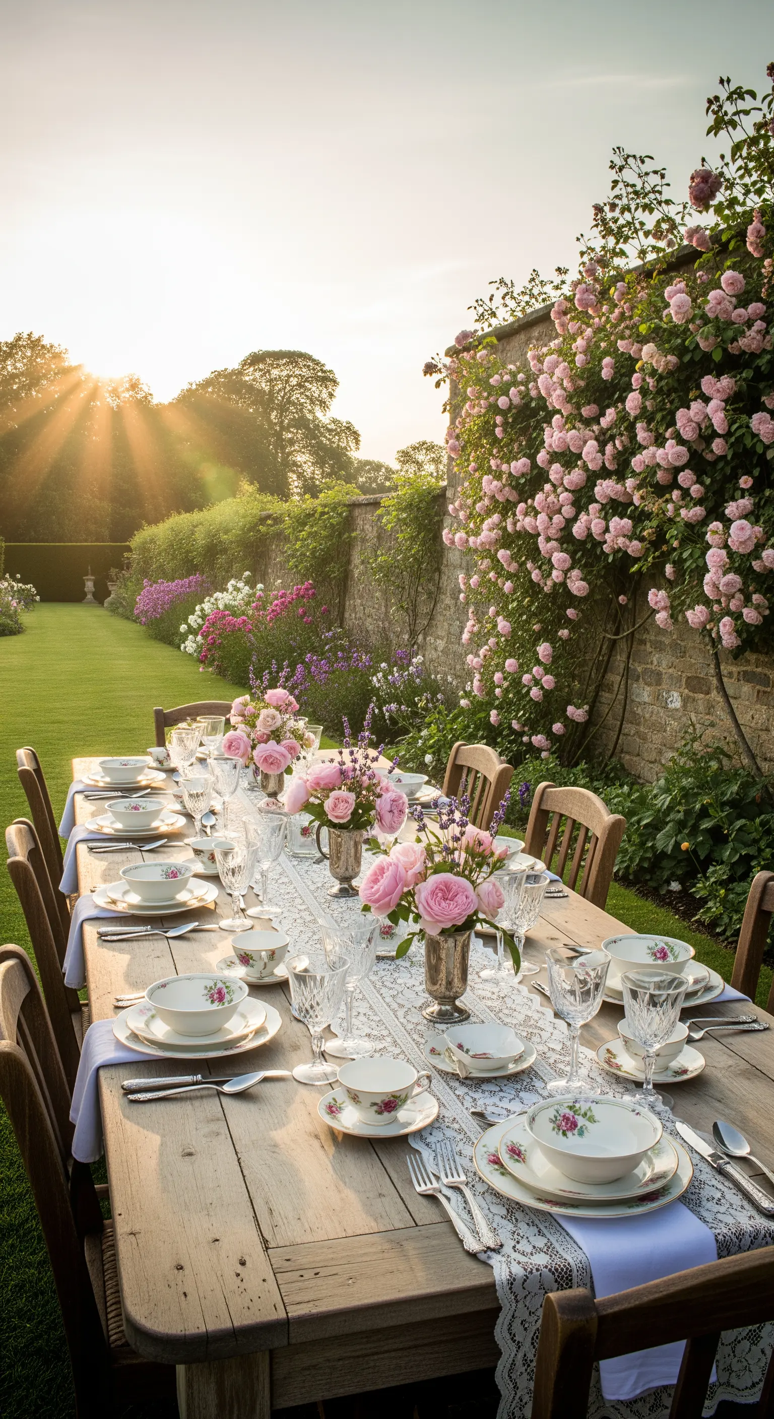 Lange Holztisch-Tafel im Garten, gedeckt mit Vintage-Geschirr und pinken Rosen